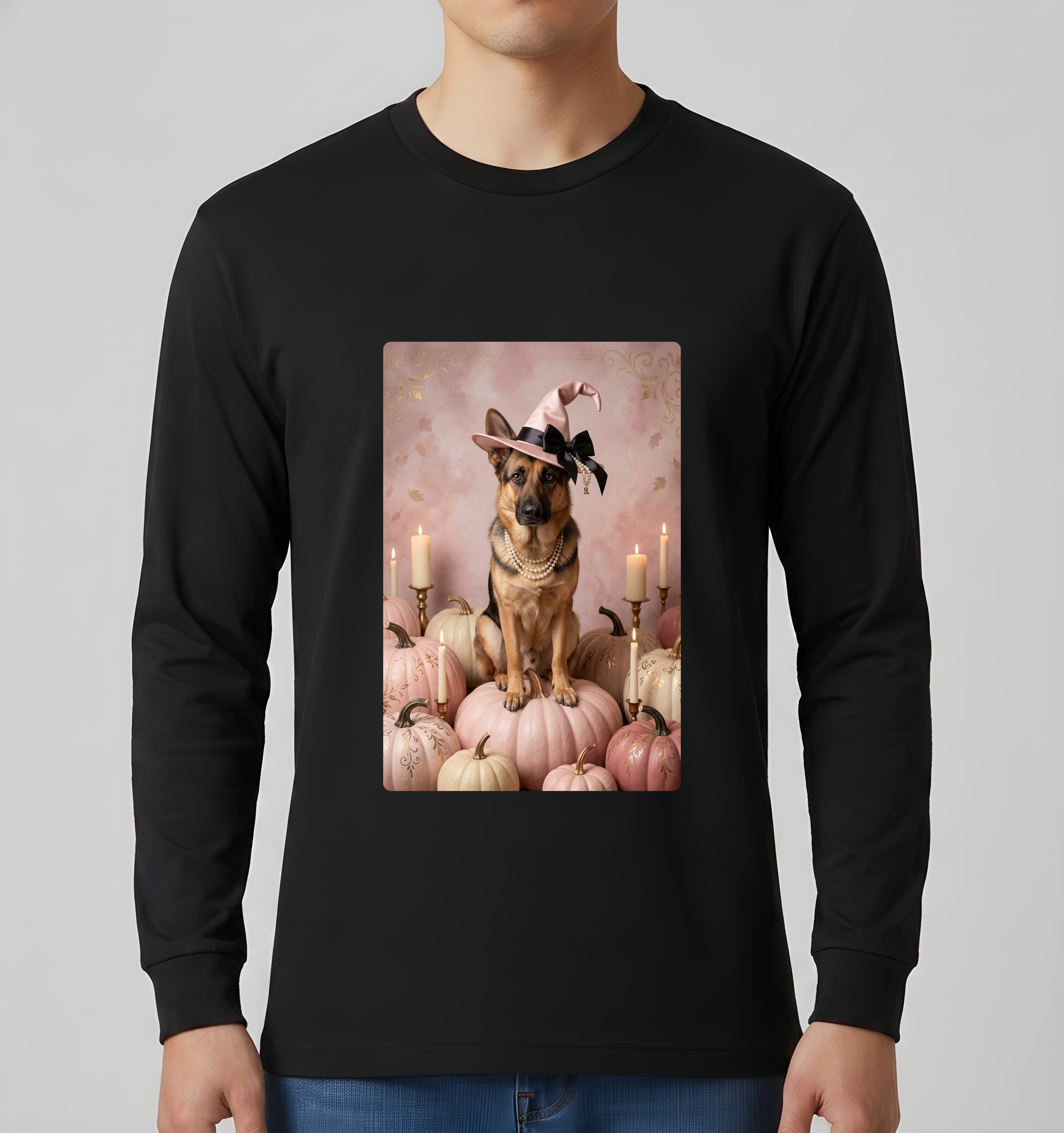 ジャーマンシェパードのかぼちゃとキャンドルの油絵風アートハロウィン長袖Tシャツ（ブラック）（3枚目）