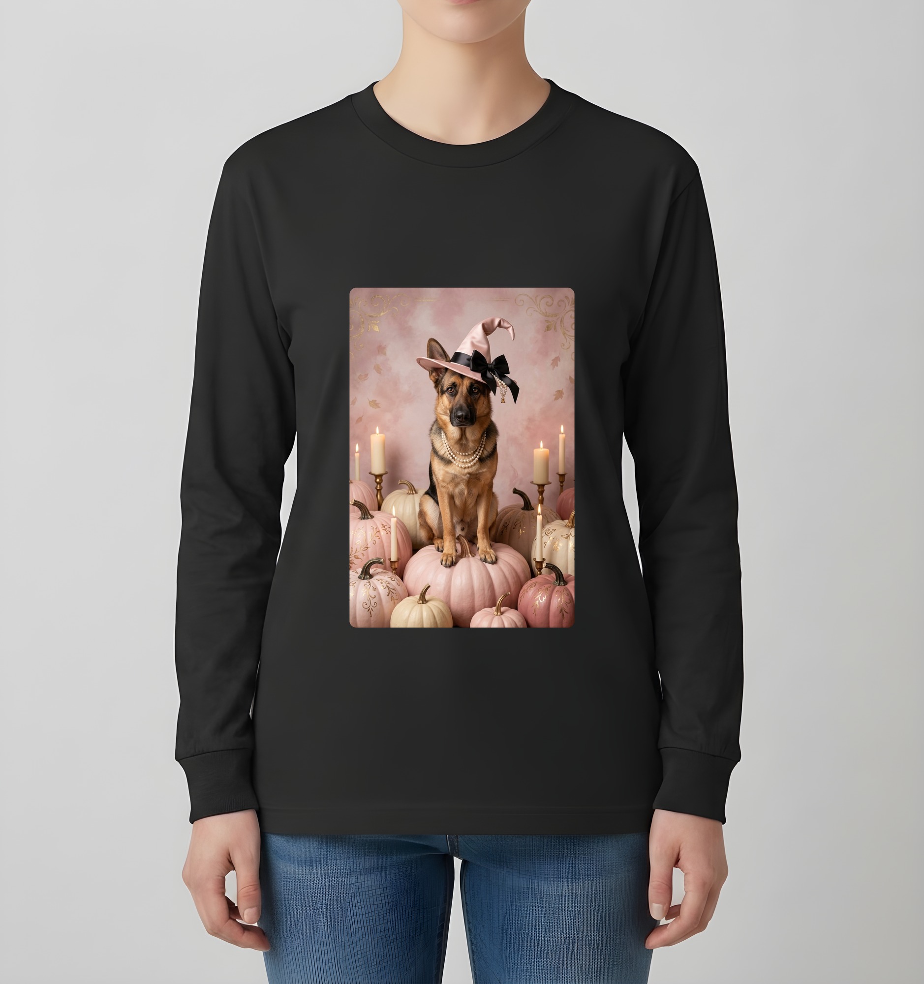 ジャーマンシェパードのかぼちゃとキャンドルの油絵風アートハロウィン長袖Tシャツ（ブラック）（4枚目）