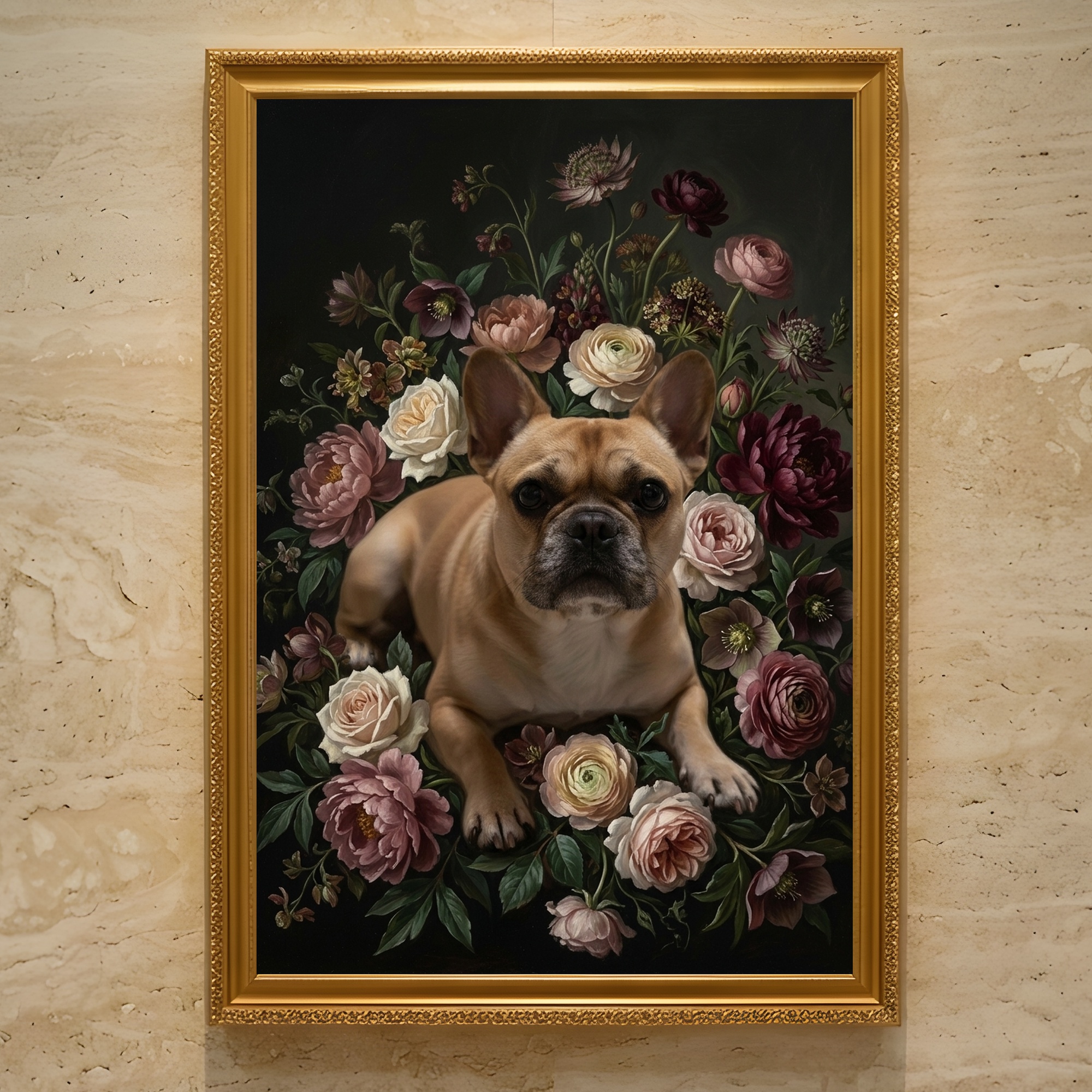 フレンチブルドッグの花の油絵風アート花柄額装プリント(A3サイズ)