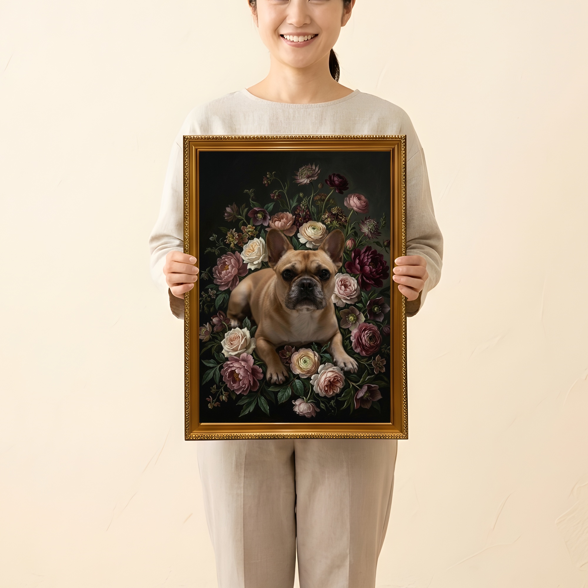 フレンチブルドッグの花の油絵風アート花柄額装プリント(A3サイズ)(2枚目)