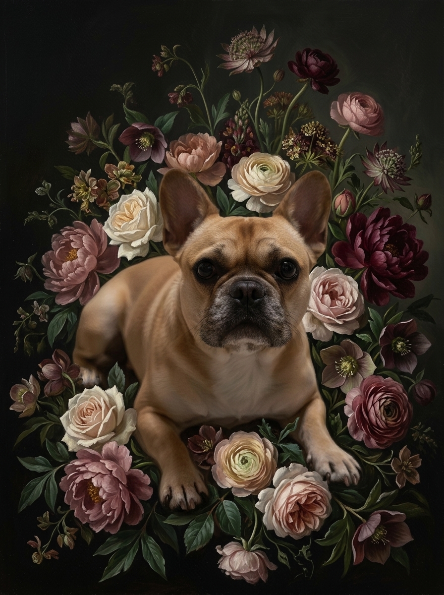 フレンチブルドッグの花の油絵風アート花柄額装プリント(A3サイズ)(4枚目)
