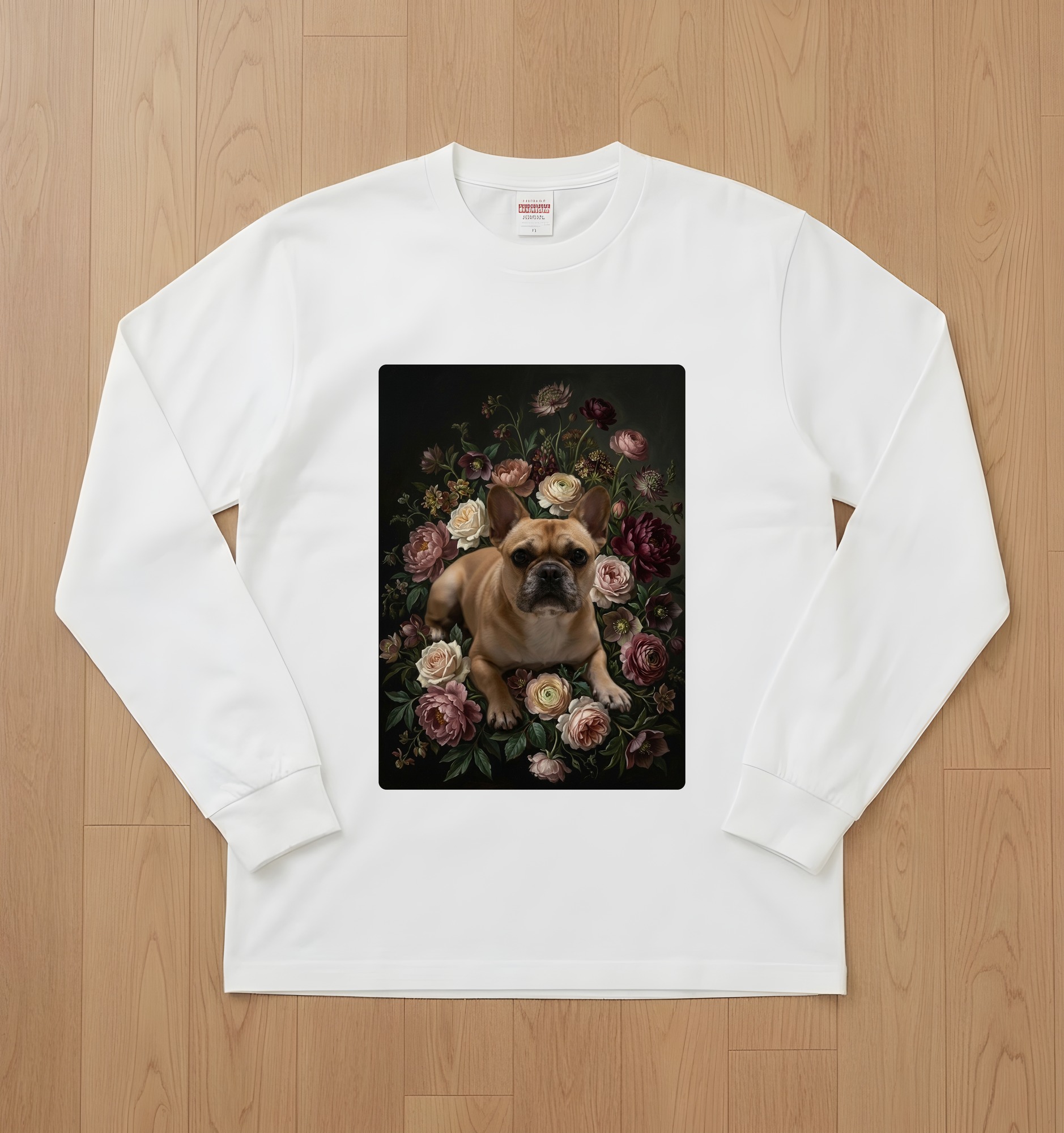フレンチブルドッグの花の油絵風アート花柄長袖Tシャツ(ホワイト)