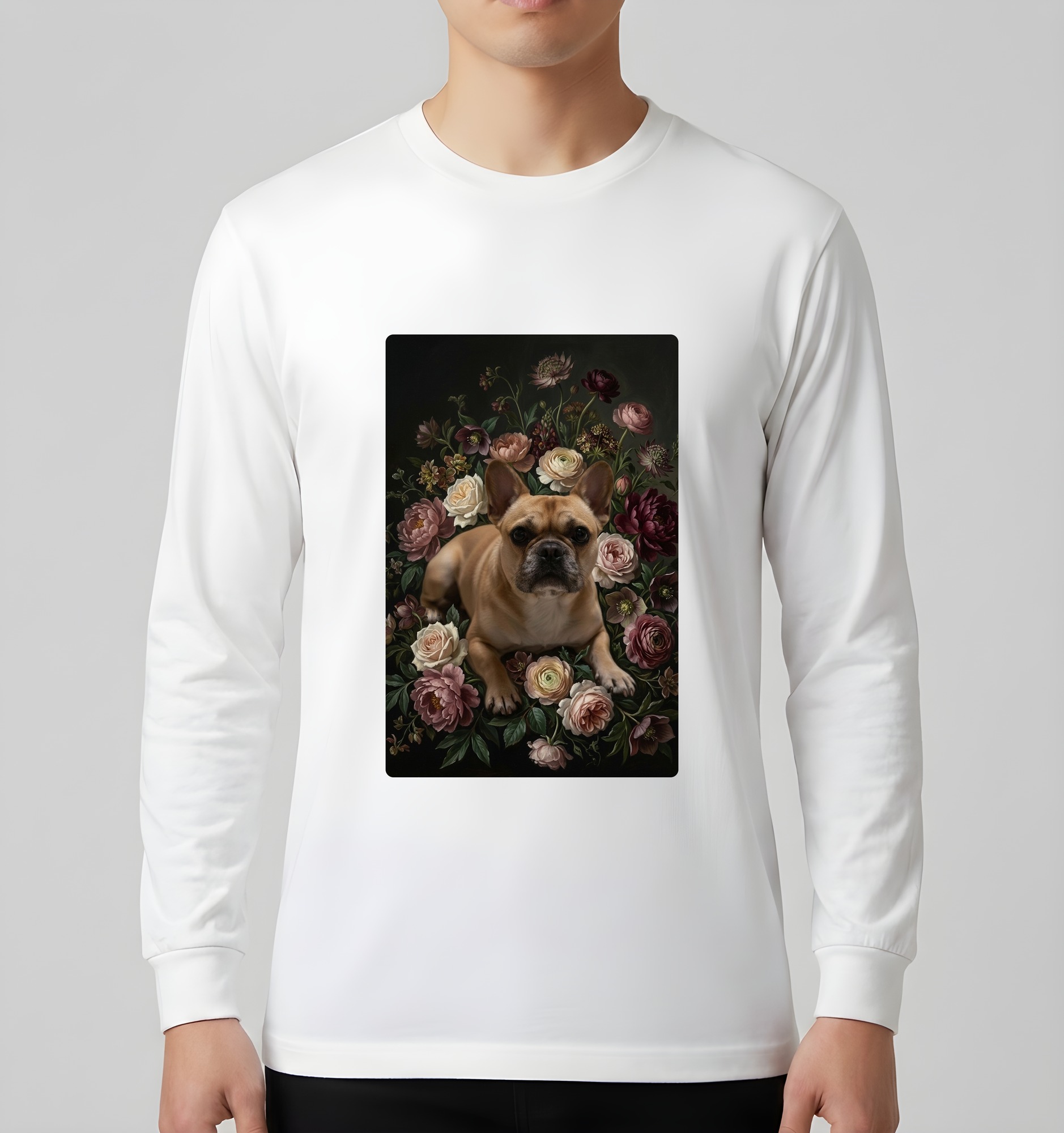 フレンチブルドッグの花の油絵風アート花柄長袖Tシャツ(ホワイト)(3枚目)