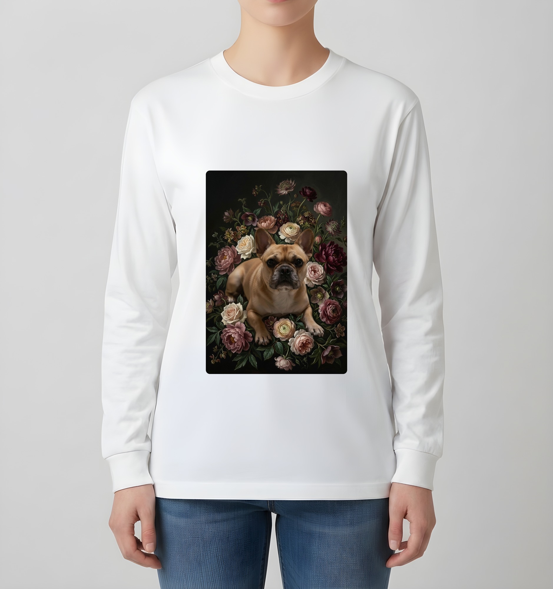 フレンチブルドッグの花の油絵風アート花柄長袖Tシャツ(ホワイト)(4枚目)