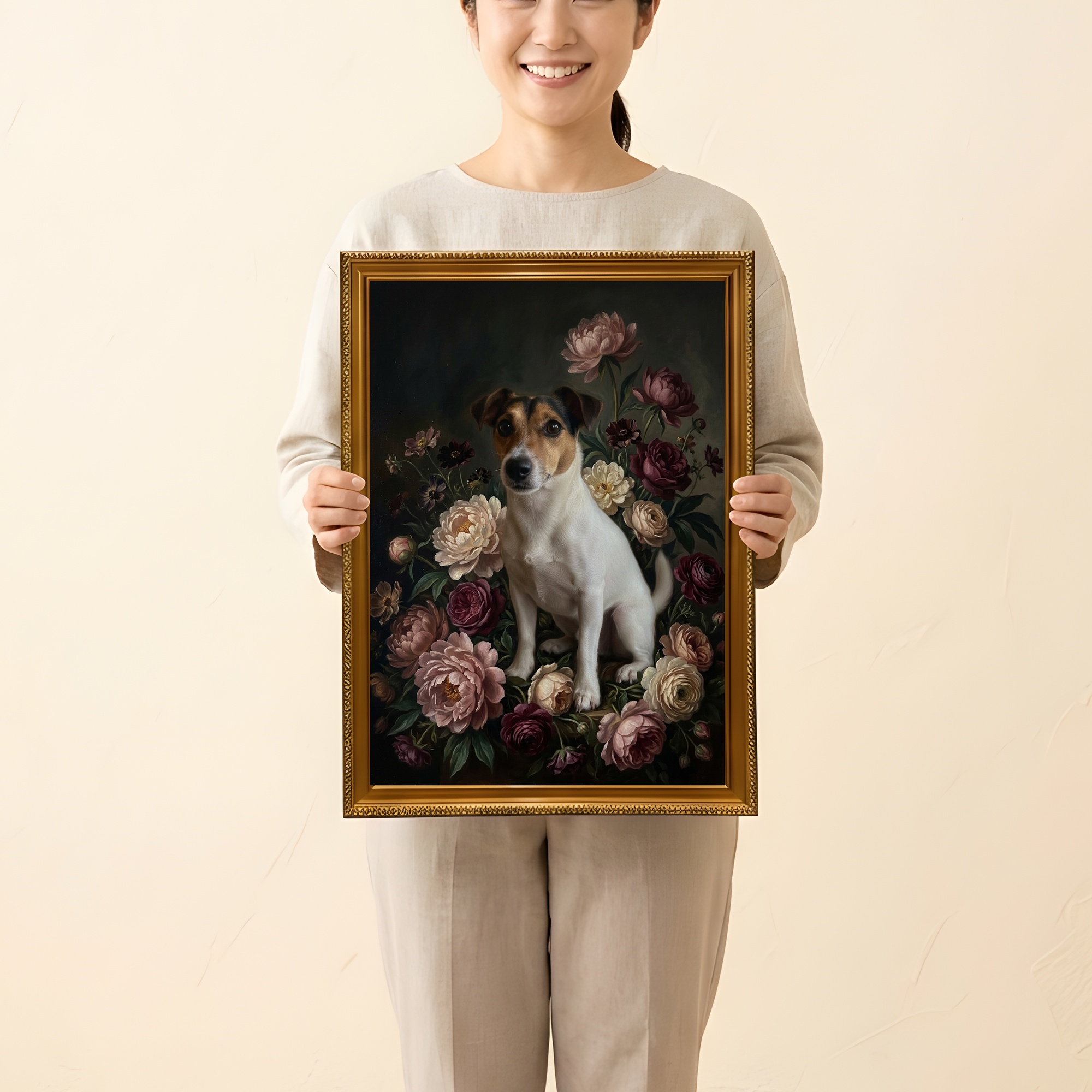ジャックラッセルテリアの花の油絵風アート花柄額装プリント（A3サイズ）（2枚目）