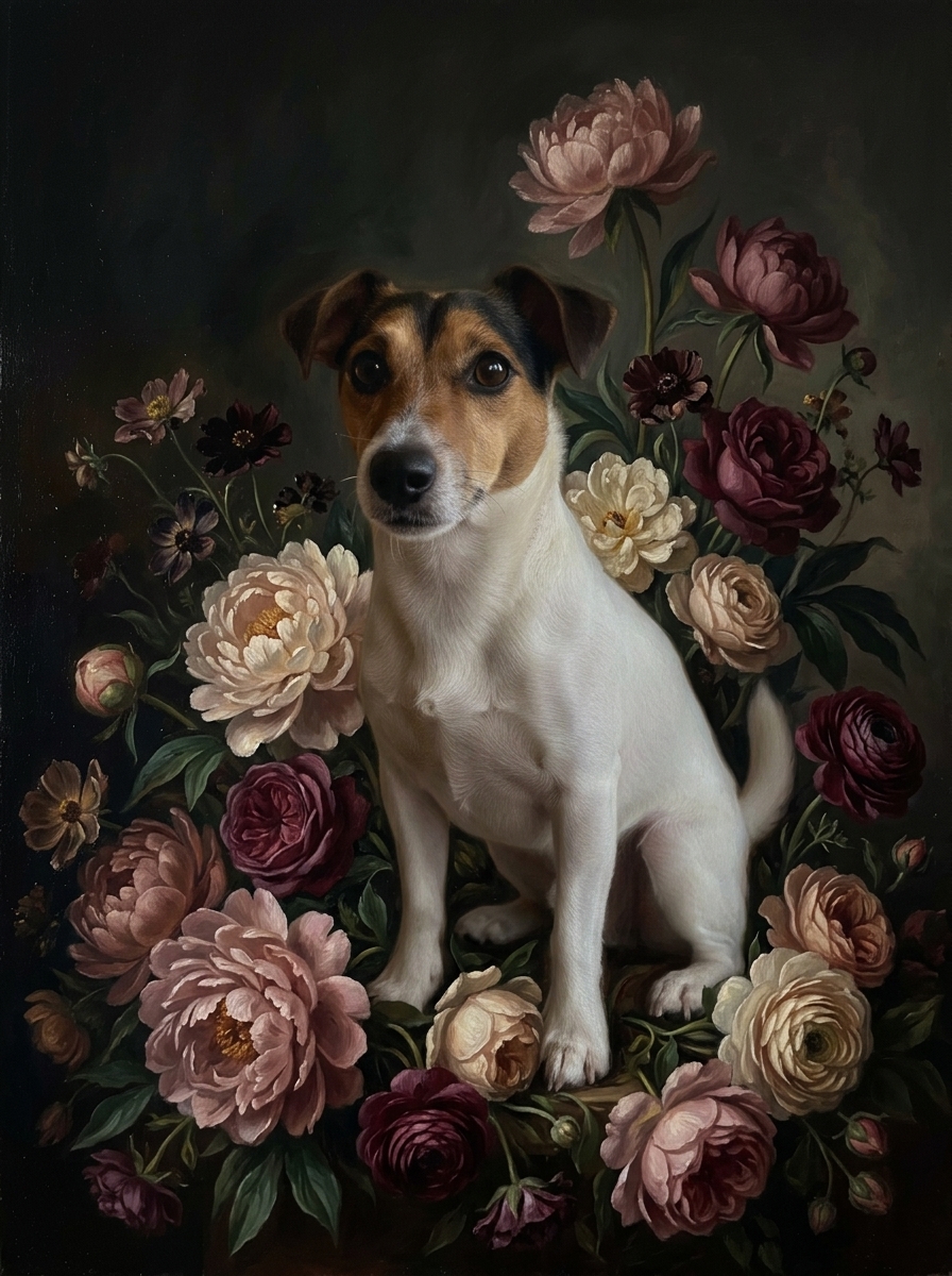 ジャックラッセルテリアの花の油絵風アート花柄額装プリント（A3サイズ）（4枚目）