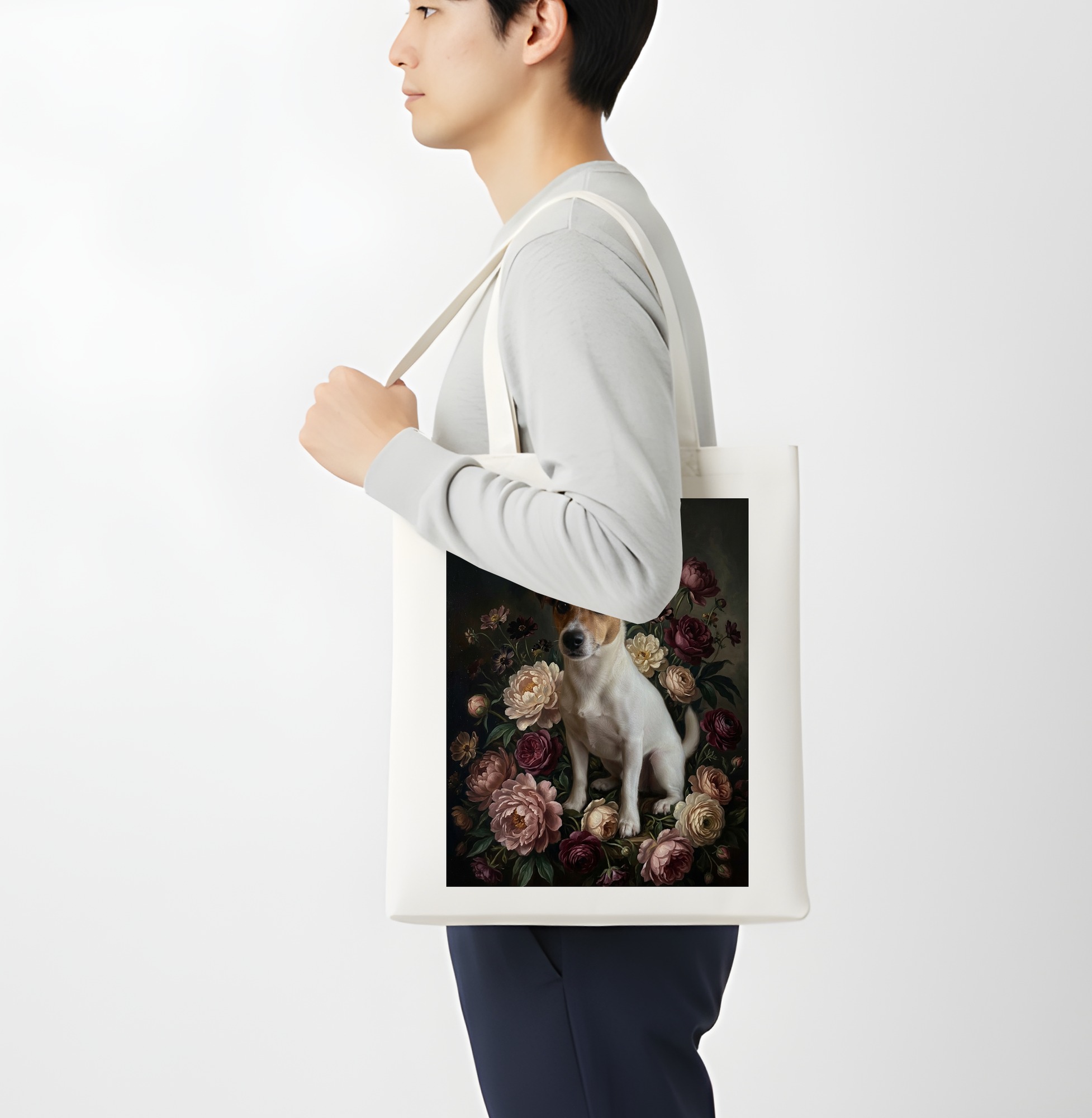 ジャックラッセルテリアの花の油絵風アート花柄トートバッグ（4枚目）