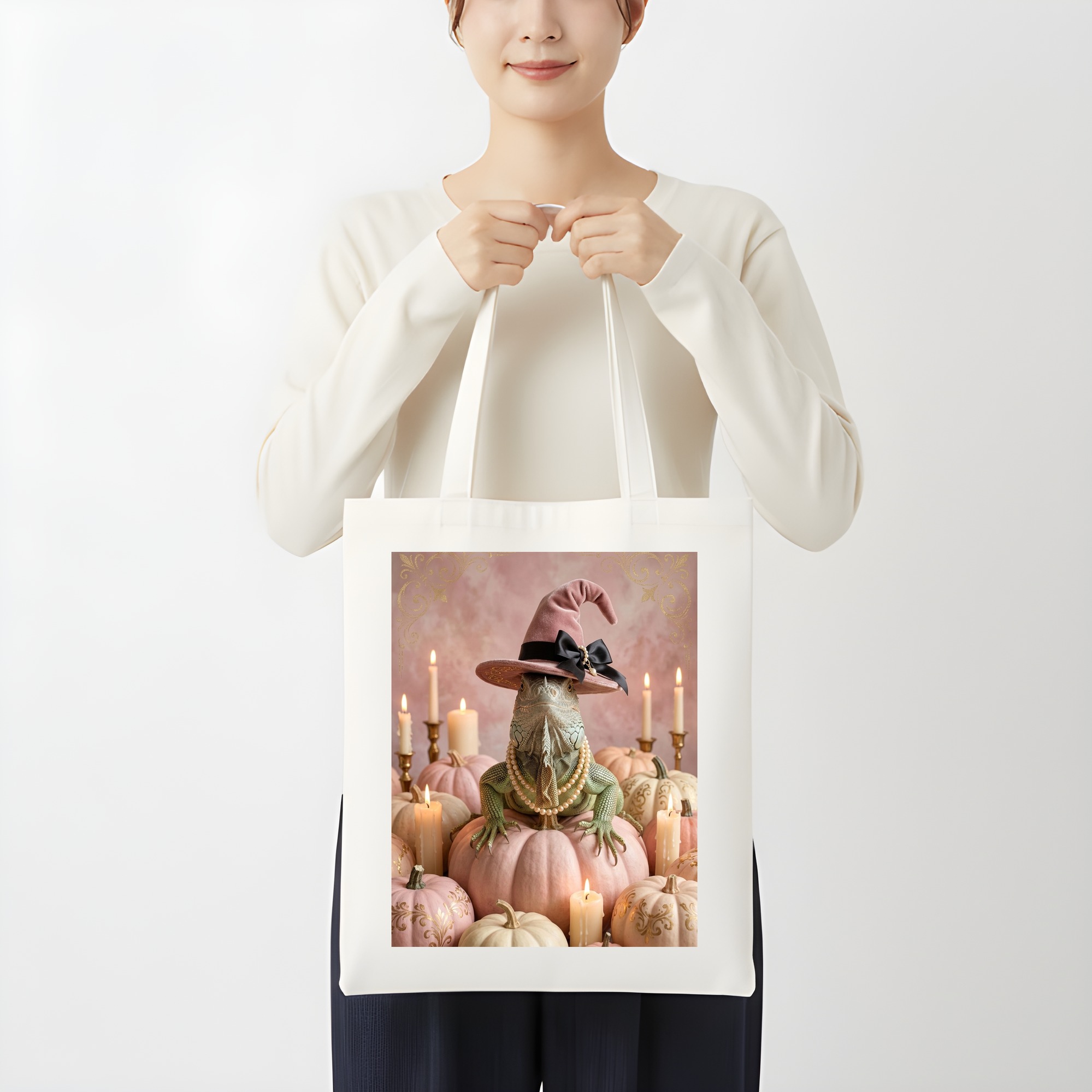 グリーンイグアナのかぼちゃとキャンドルの油絵風アートハロウィントートバッグ（3枚目）