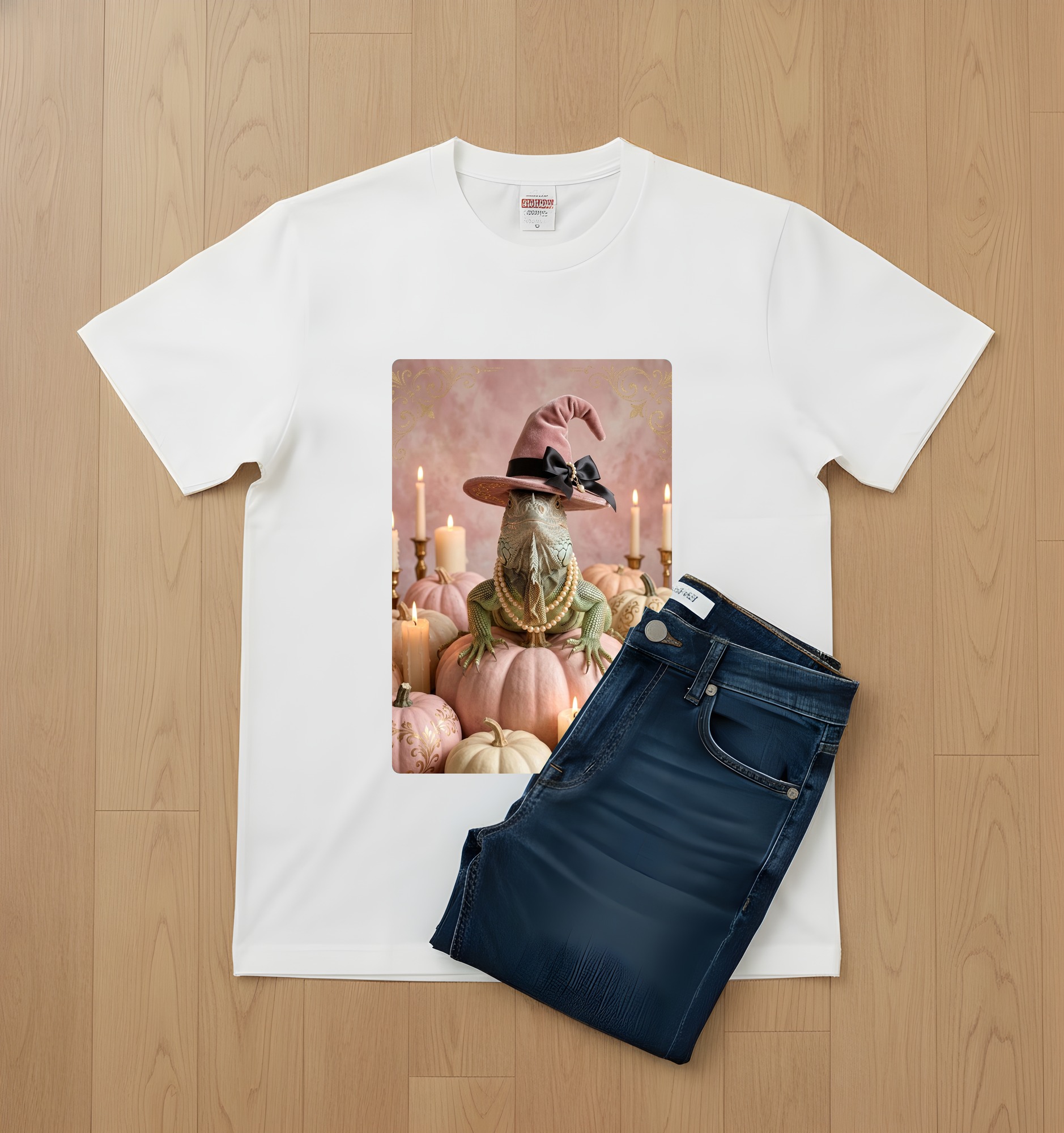 グリーンイグアナのかぼちゃとキャンドルの油絵風アートハロウィンTシャツ（ホワイト）（2枚目）
