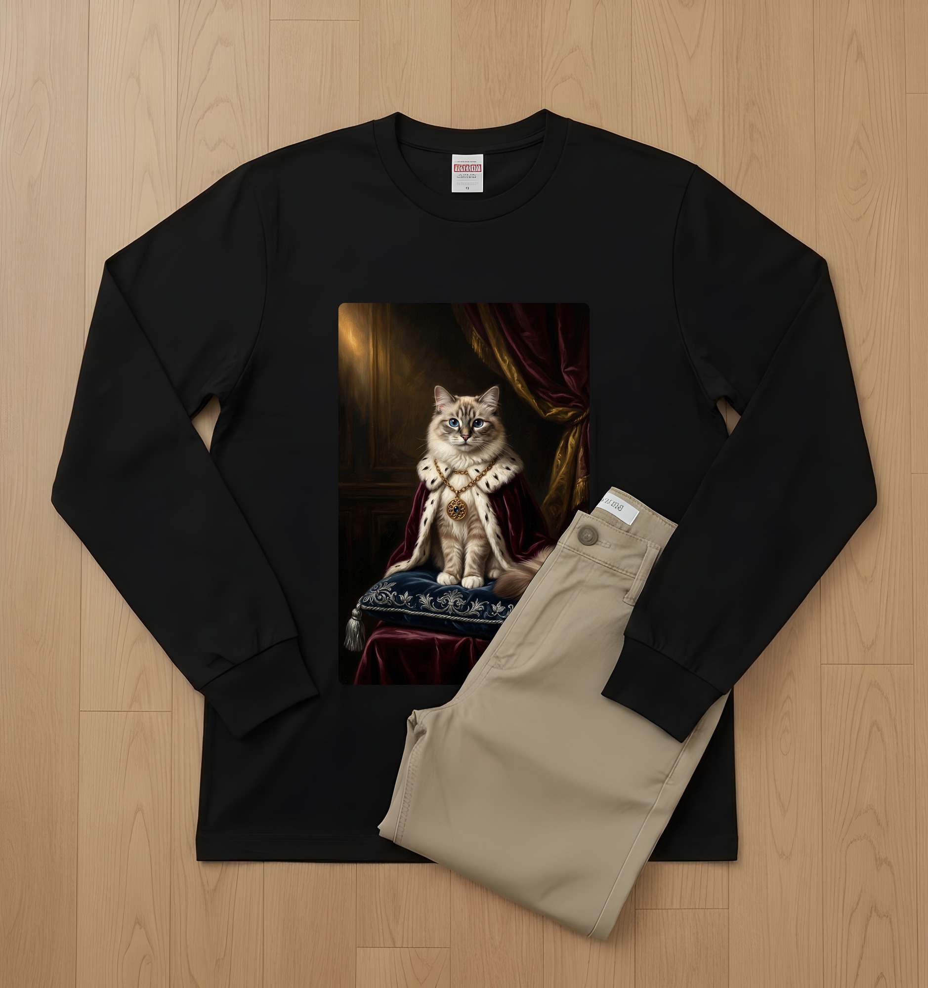 ラグドールのルネサンス肖像画長袖Tシャツ(ブラック)(2枚目)
