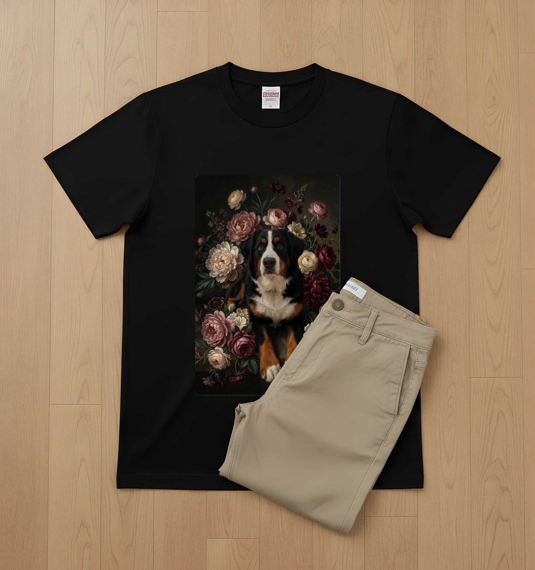 バーニーズマウンテンドッグの花の油絵風アート花柄Tシャツ(ブラック)(2枚目)