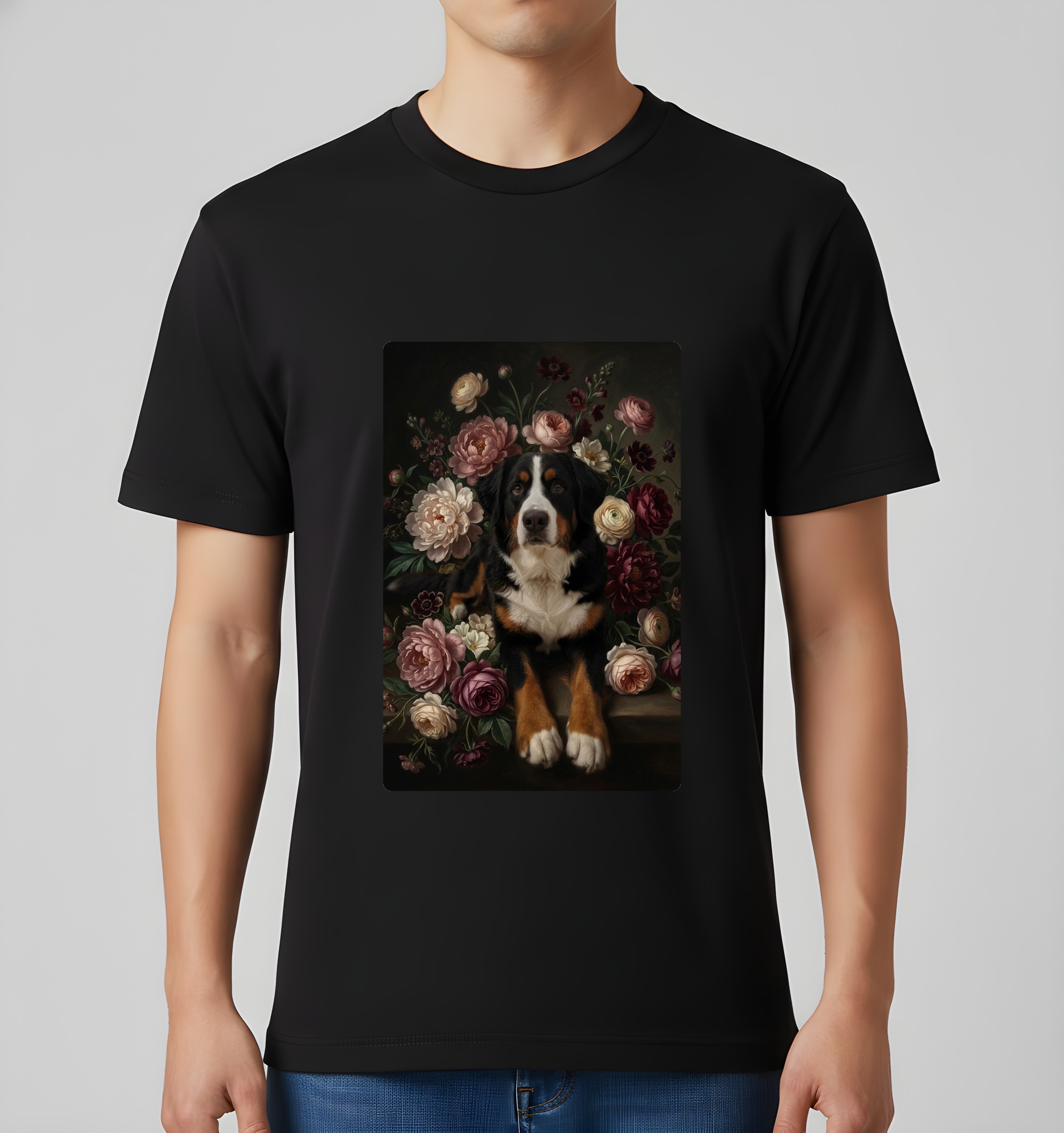 バーニーズマウンテンドッグの花の油絵風アート花柄Tシャツ(ブラック)(3枚目)