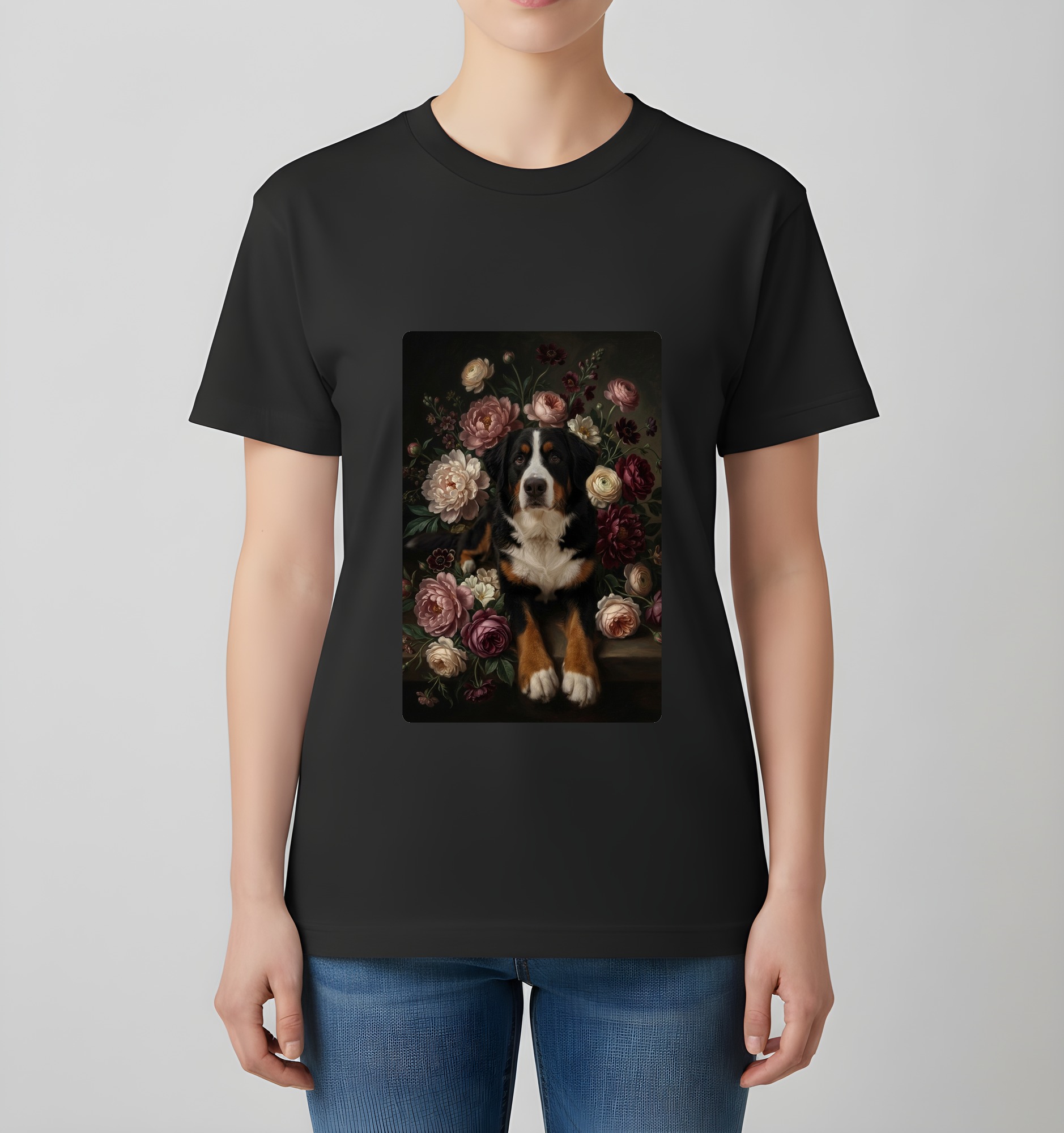 バーニーズマウンテンドッグの花の油絵風アート花柄Tシャツ(ブラック)(4枚目)
