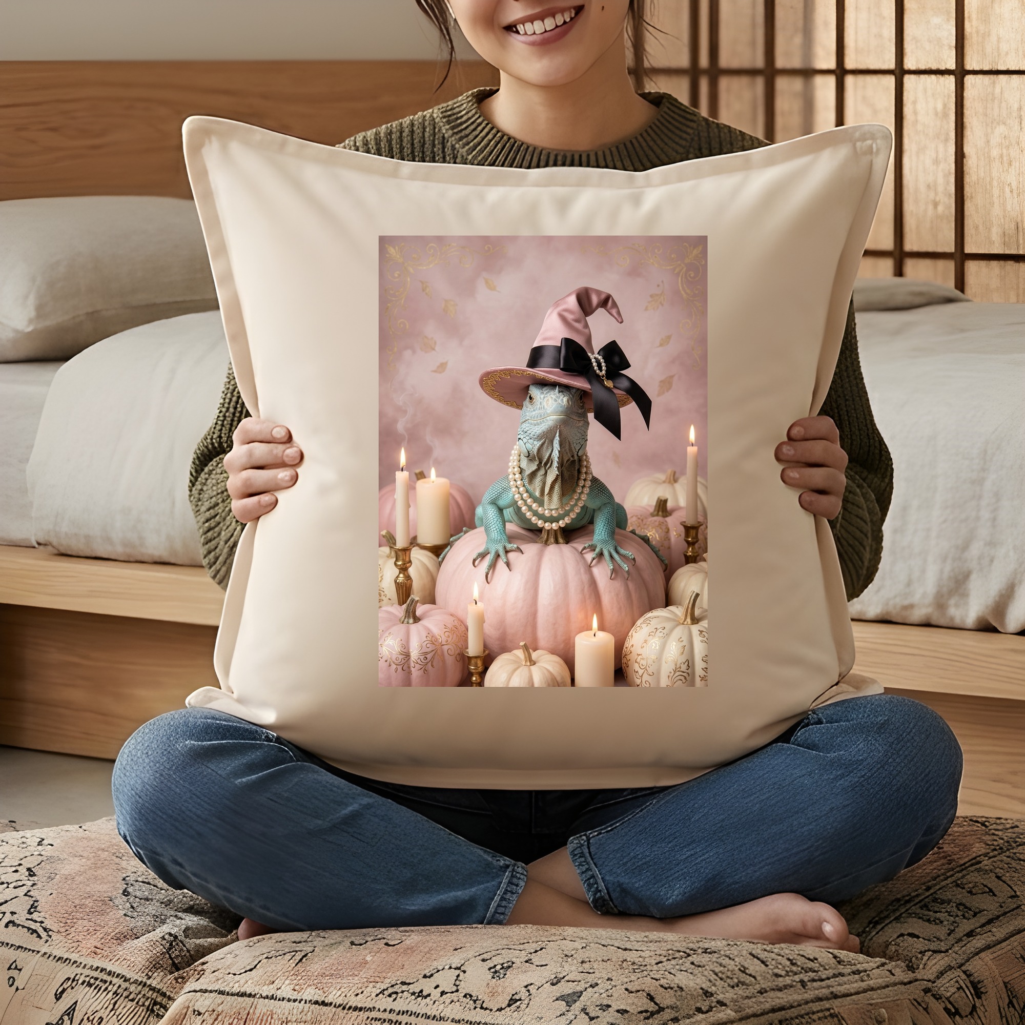 ブルーイグアナのかぼちゃとキャンドルの油絵風アートハロウィンクッション(3枚目)