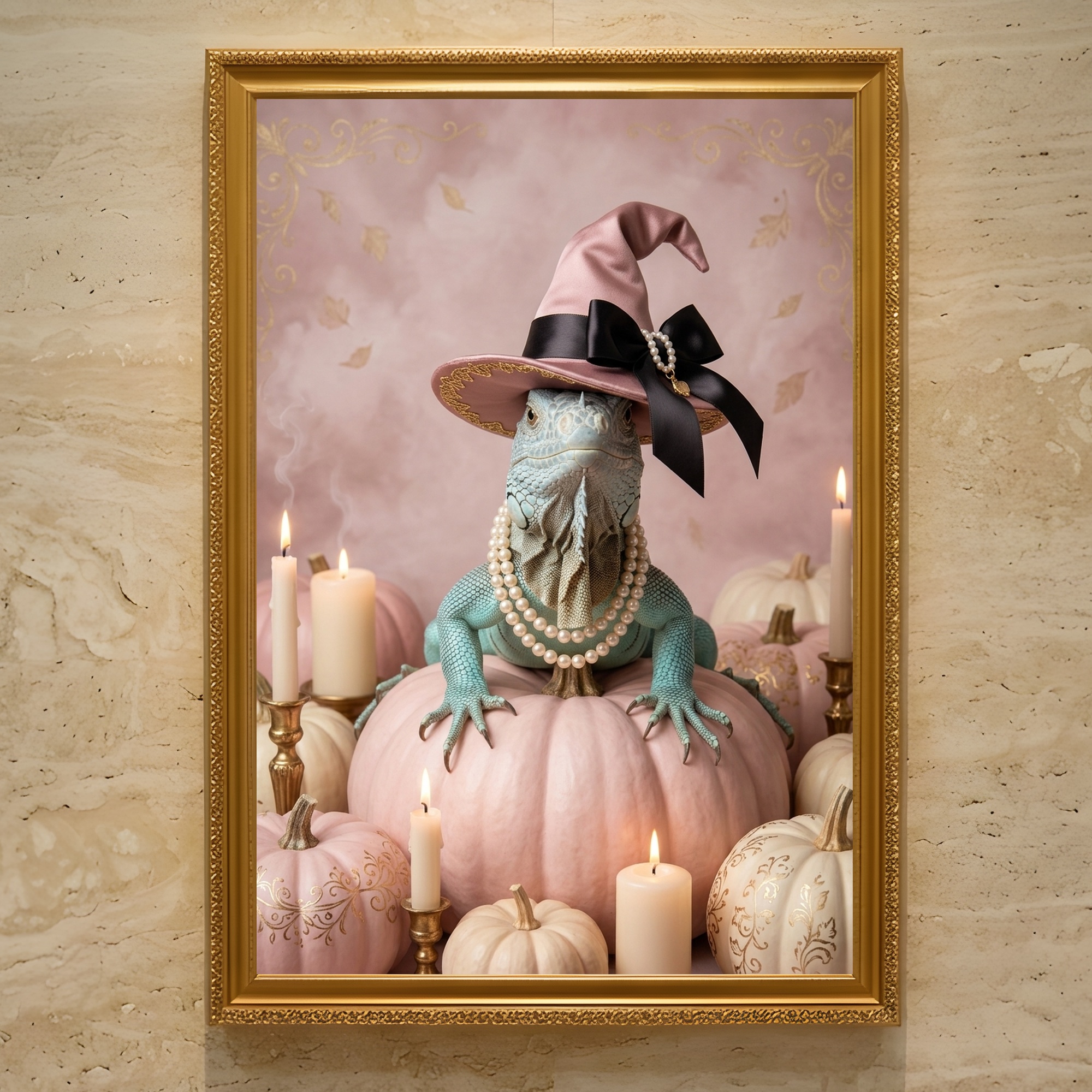 ブルーイグアナのかぼちゃとキャンドルの油絵風アートハロウィン額装プリント(A3サイズ)