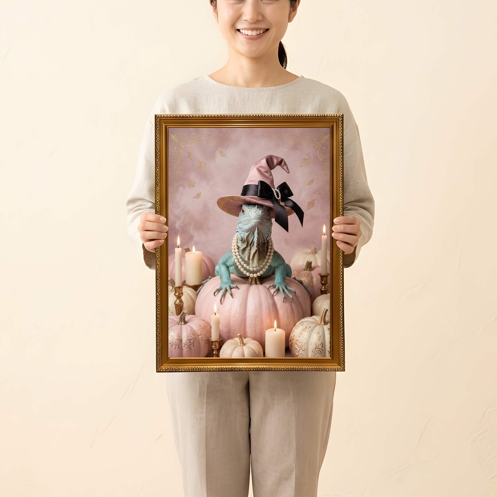ブルーイグアナのかぼちゃとキャンドルの油絵風アートハロウィン額装プリント(A3サイズ)(2枚目)