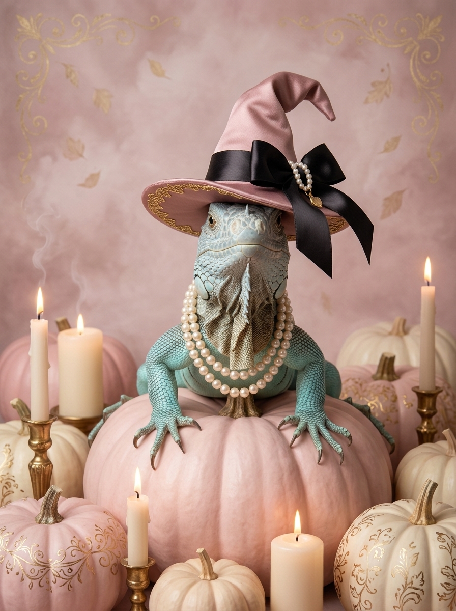 ブルーイグアナのかぼちゃとキャンドルの油絵風アートハロウィン額装プリント(A3サイズ)(4枚目)