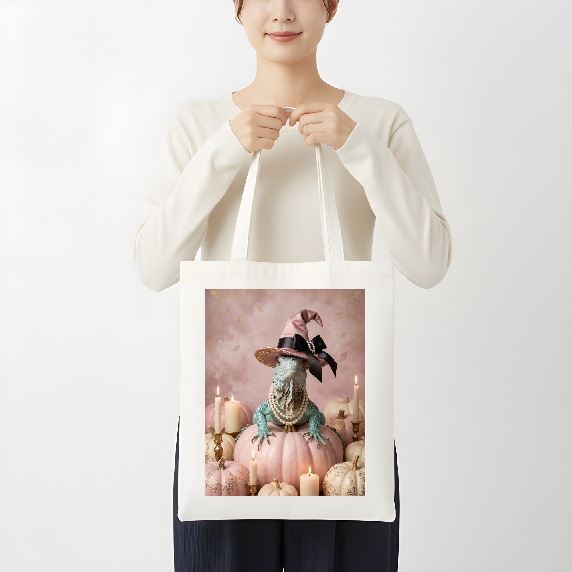 ブルーイグアナのかぼちゃとキャンドルの油絵風アートハロウィントートバッグ（3枚目）