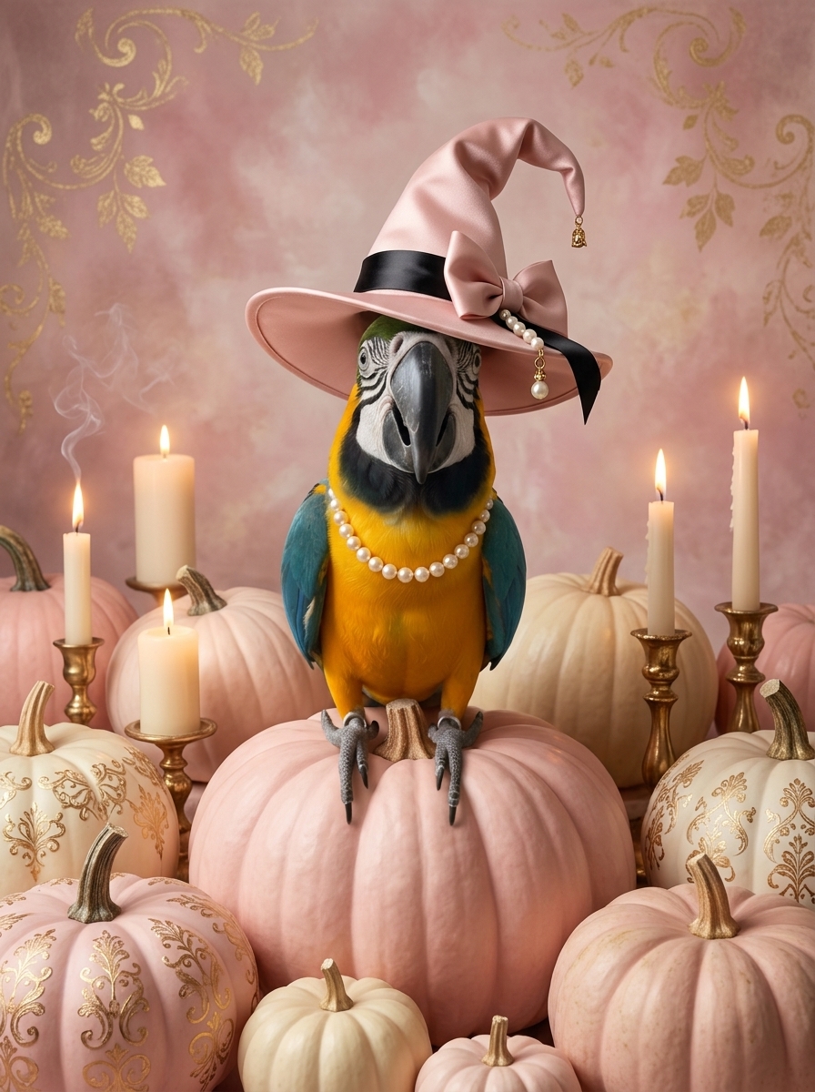 ルリコンゴウインコのかぼちゃとキャンドルの油絵風アートハロウィン額装プリント(A3サイズ)(4枚目)