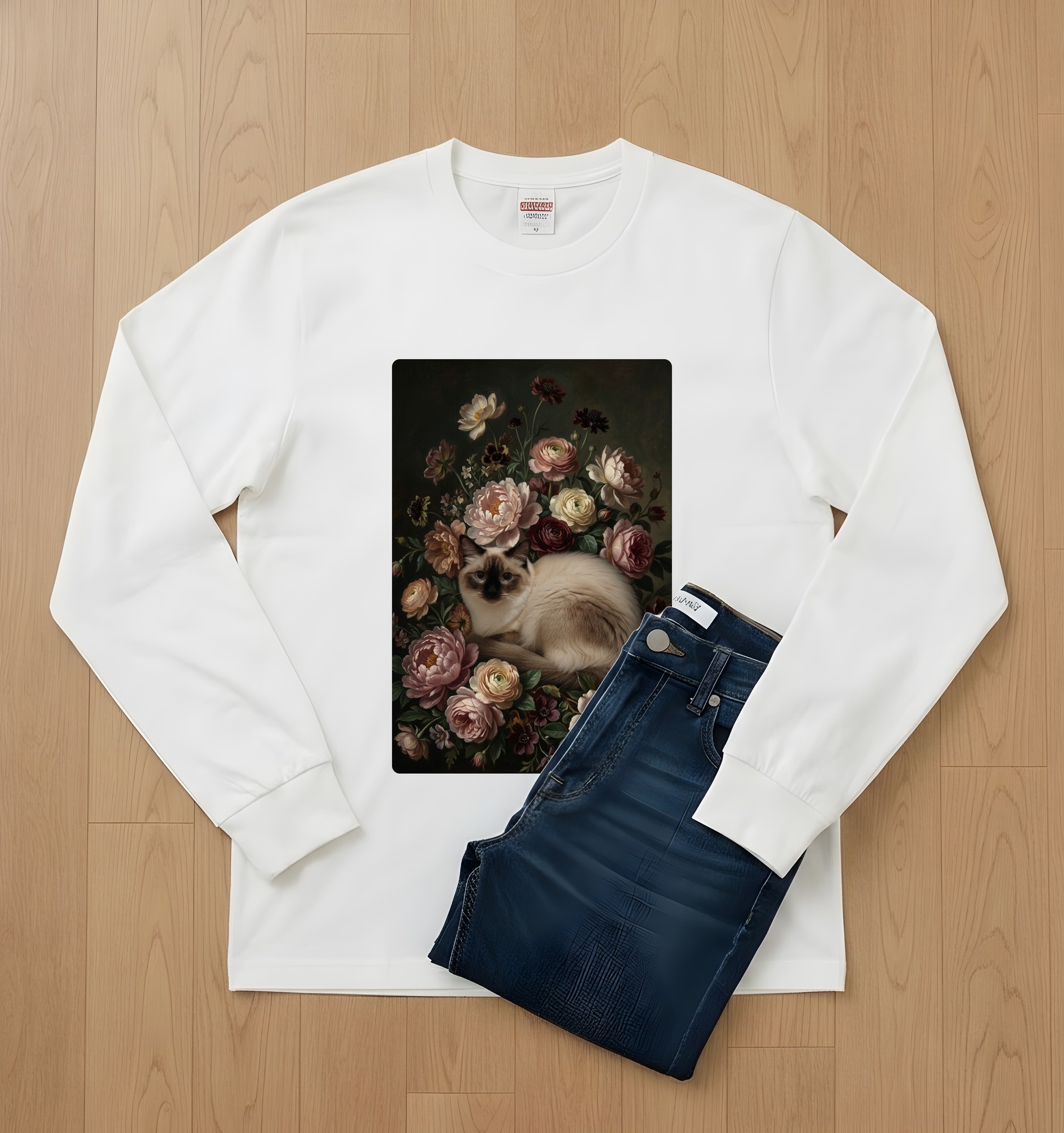 バリニーズの花の油絵風アート花柄長袖Tシャツ（ホワイト）（2枚目）