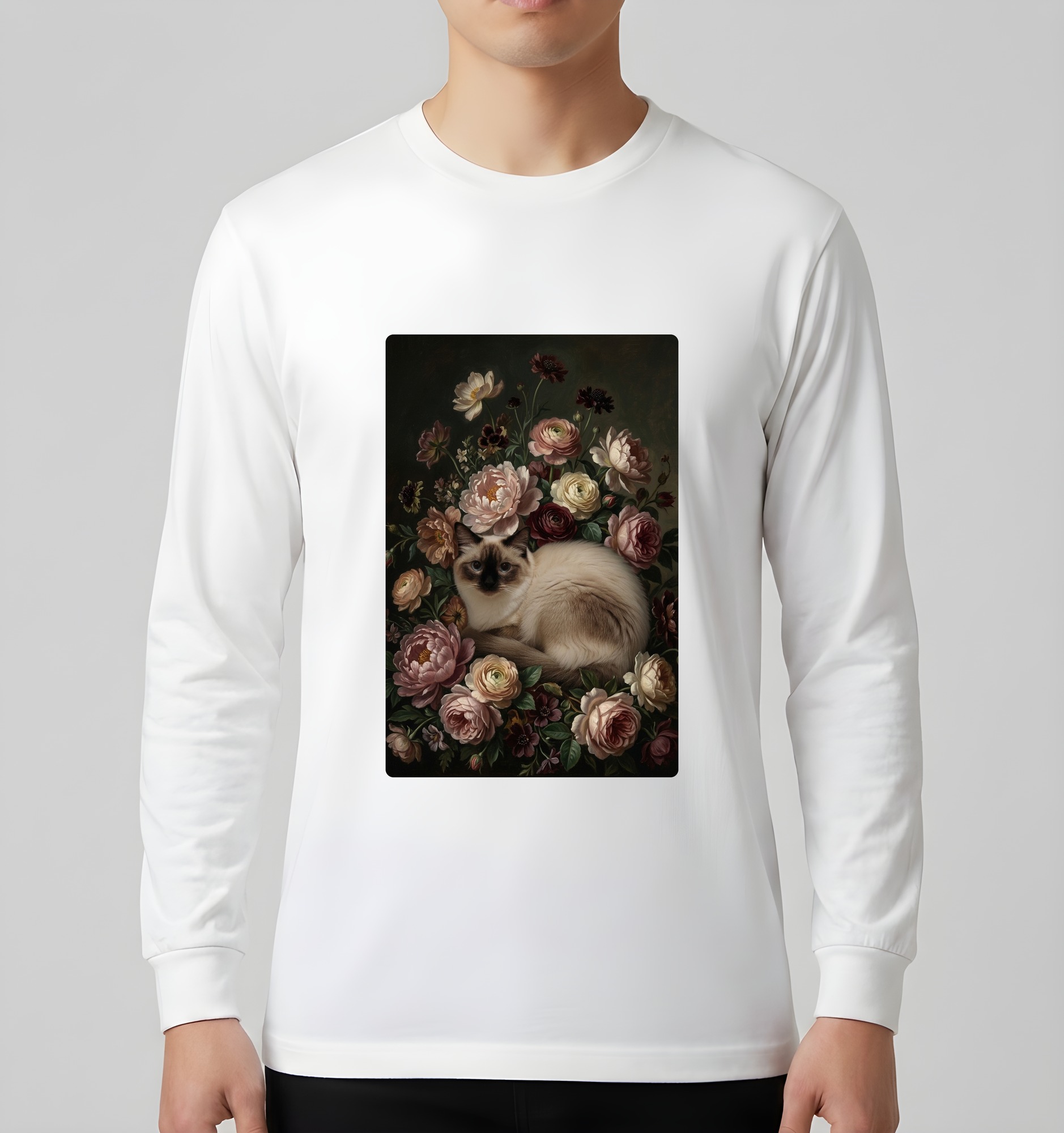バリニーズの花の油絵風アート花柄長袖Tシャツ（ホワイト）（3枚目）