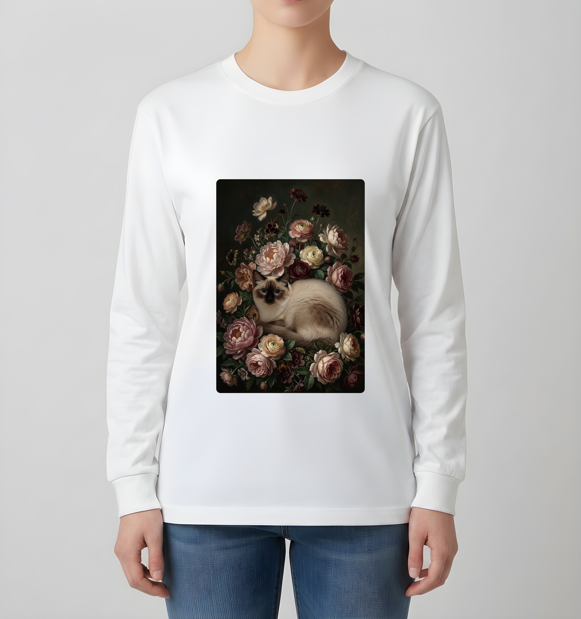 バリニーズの花の油絵風アート花柄長袖Tシャツ（ホワイト）（4枚目）