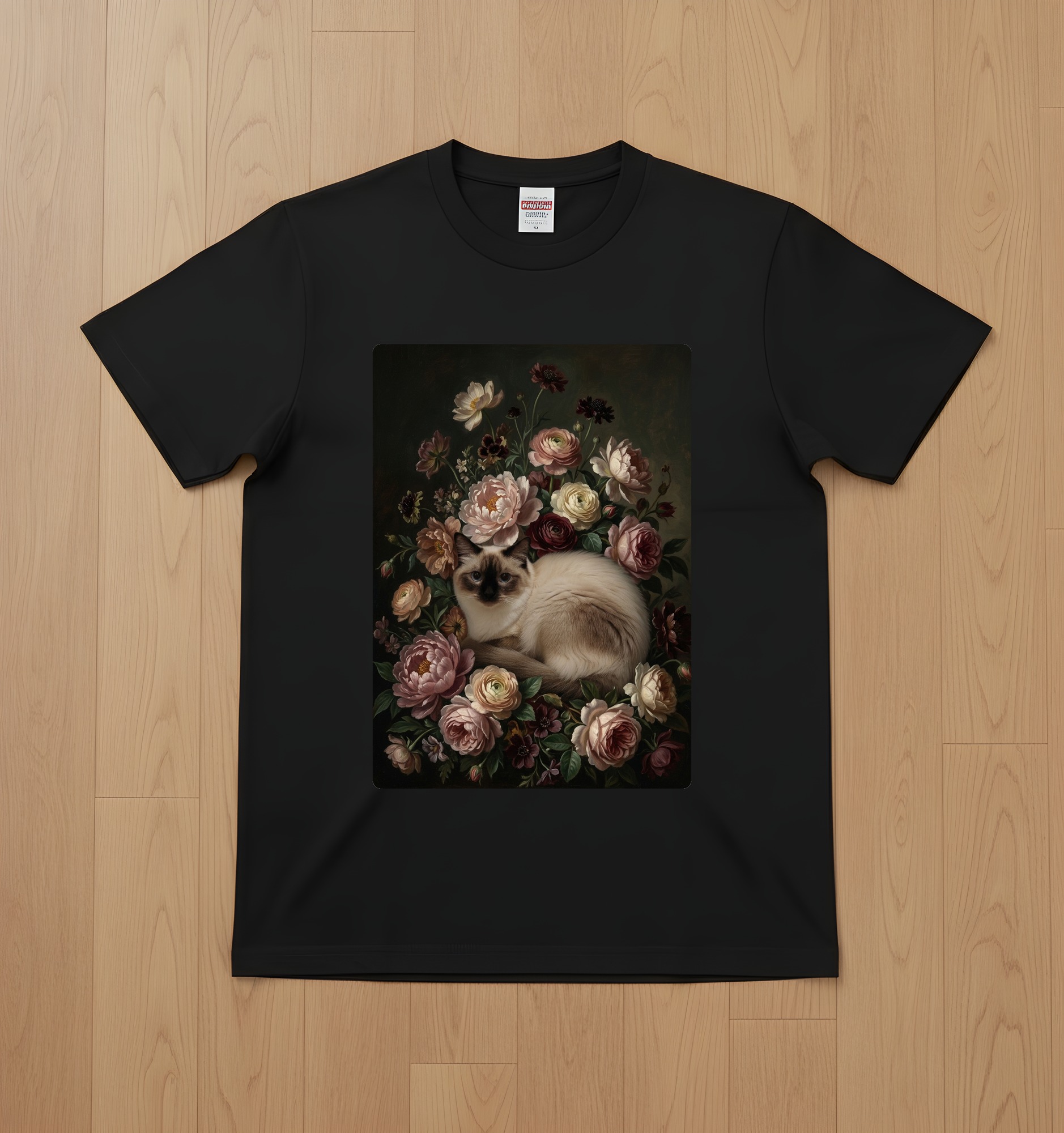 バリニーズの花の油絵風アート花柄Tシャツ(ブラック)