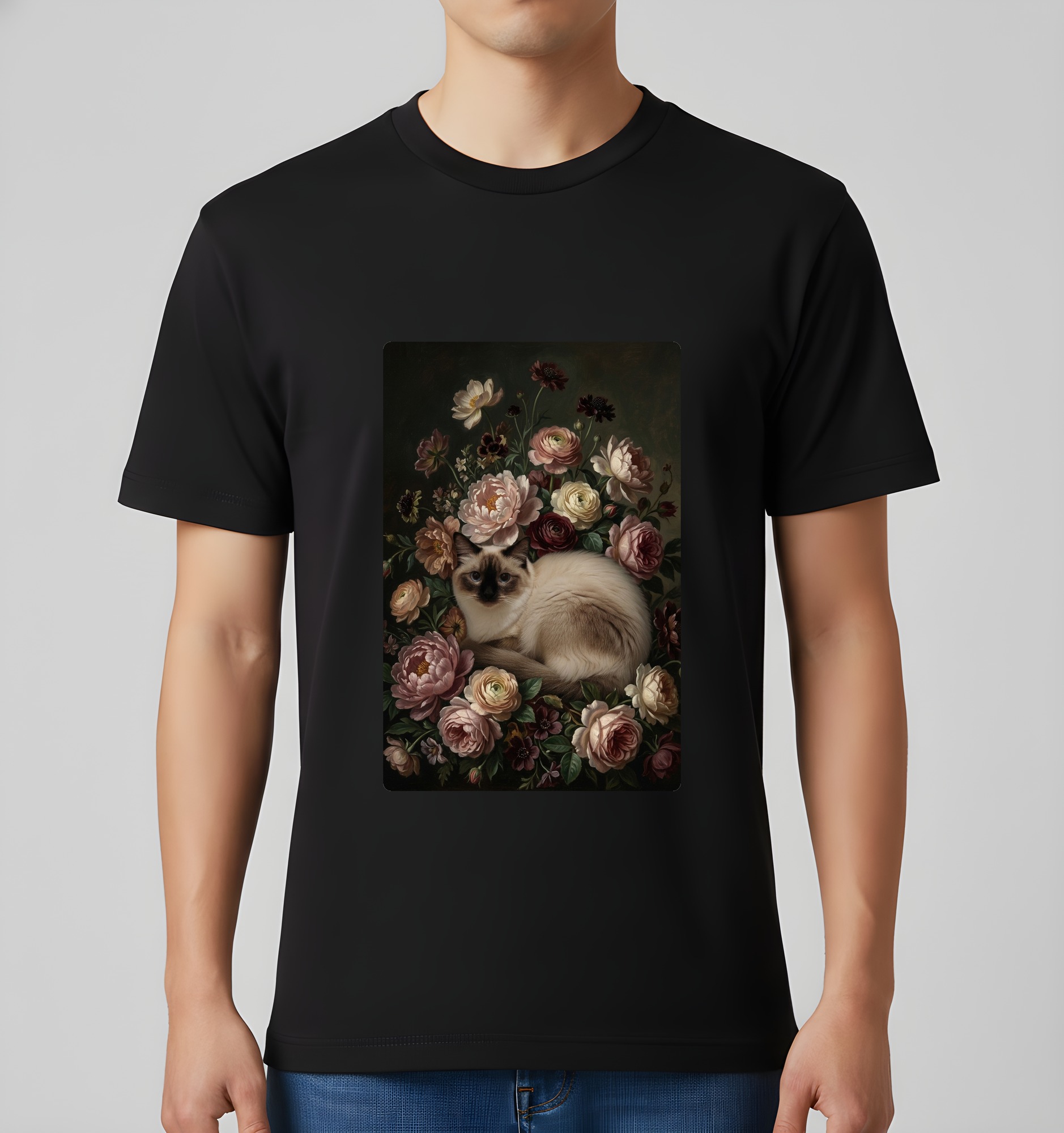 バリニーズの花の油絵風アート花柄Tシャツ(ブラック)(3枚目)