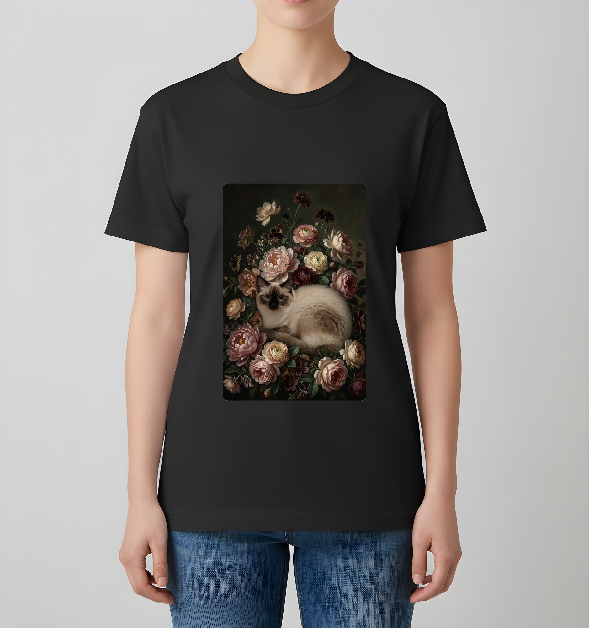 バリニーズの花の油絵風アート花柄Tシャツ(ブラック)(4枚目)