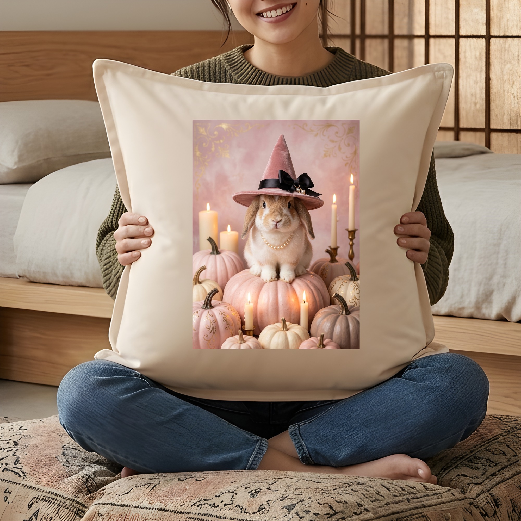 ミニロップのかぼちゃとキャンドルの油絵風アートハロウィンクッション（3枚目）