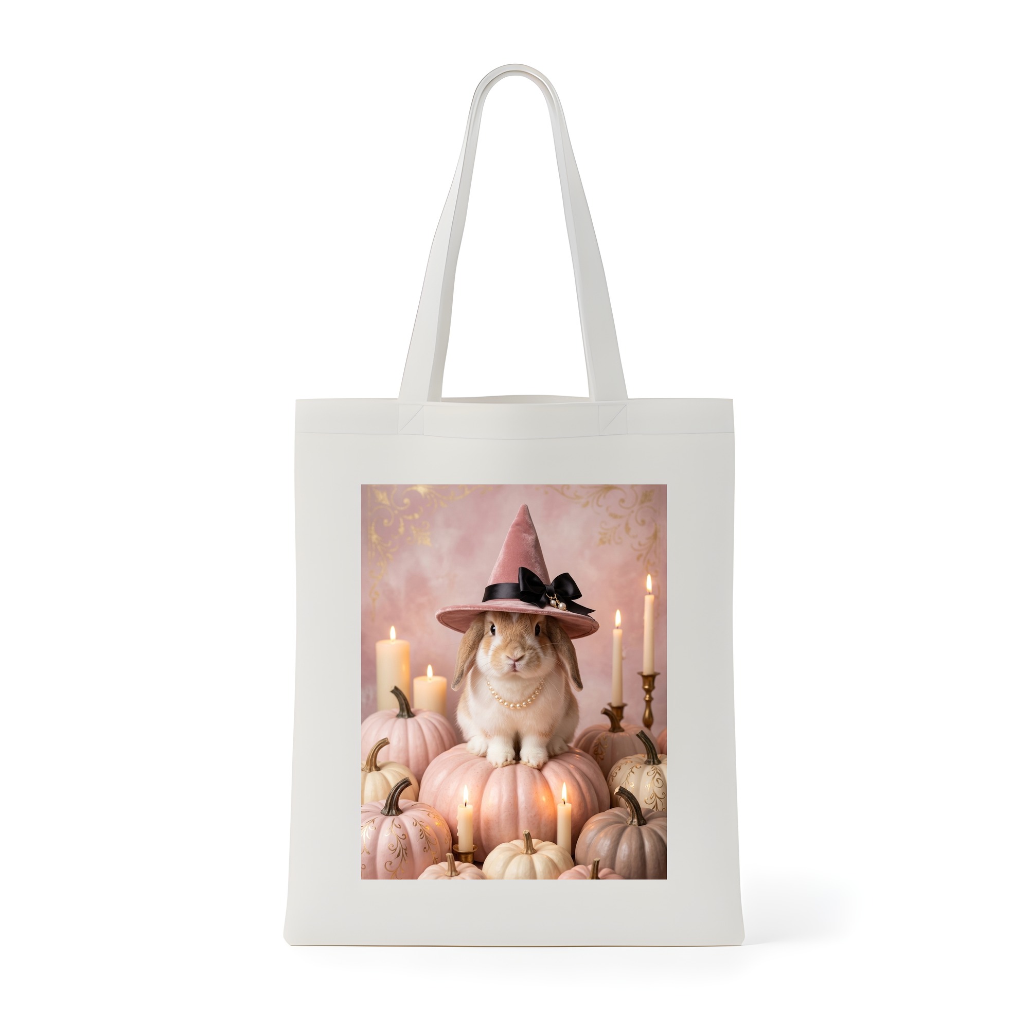 ミニロップのかぼちゃとキャンドルの油絵風アートハロウィントートバッグ
