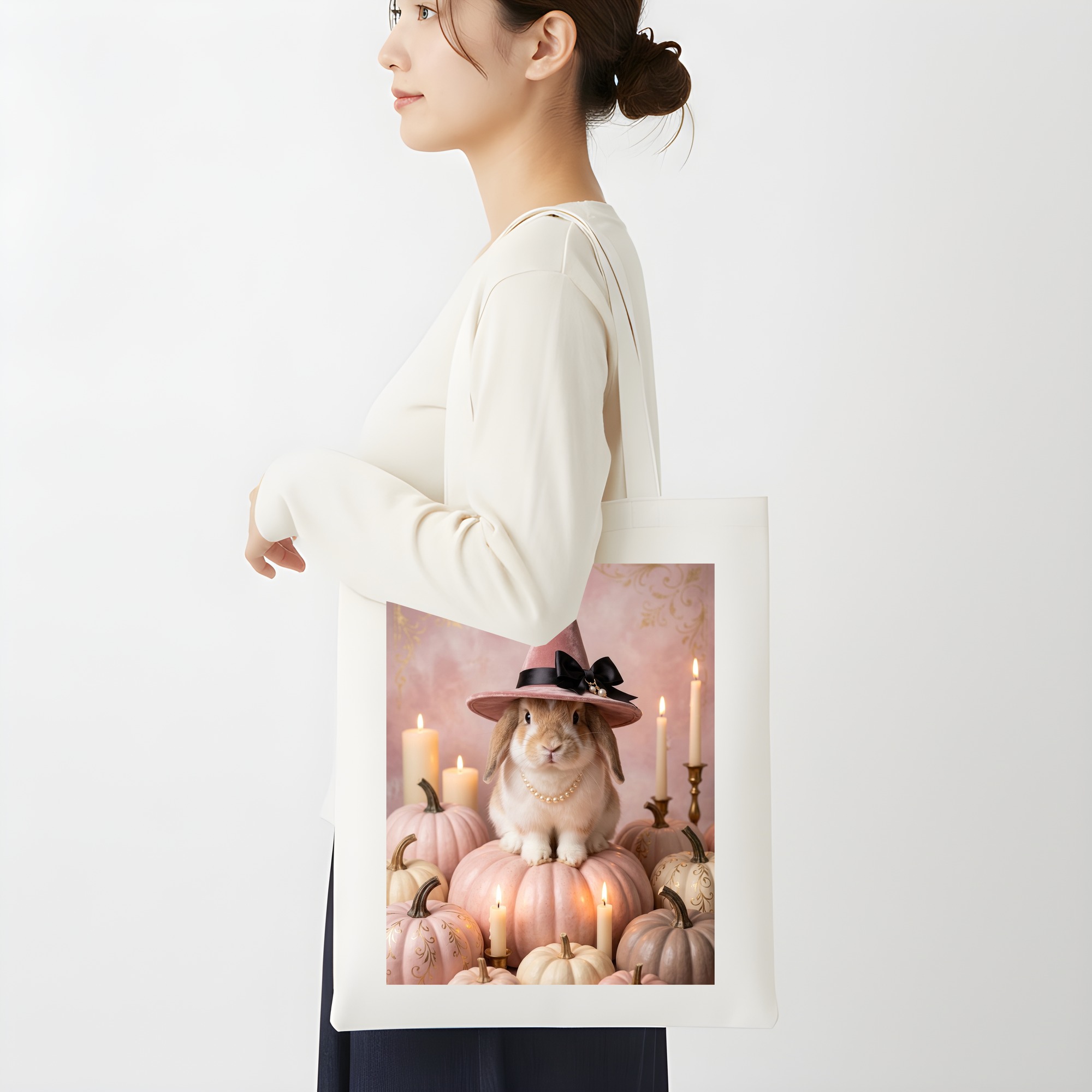 ミニロップのかぼちゃとキャンドルの油絵風アートハロウィントートバッグ(2枚目)
