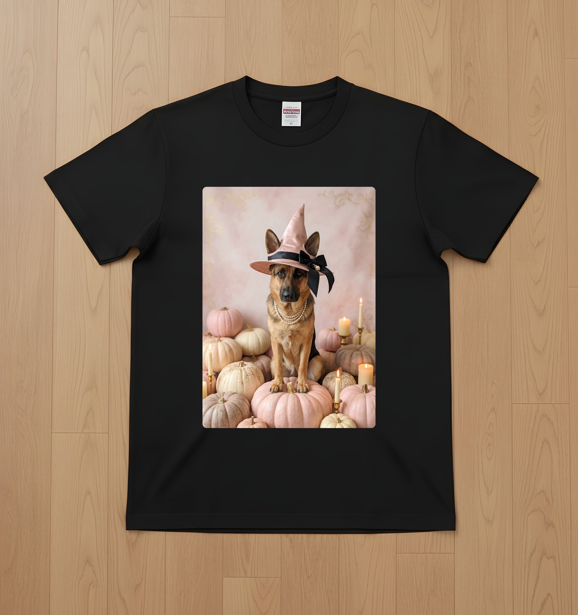 ジャーマンシェパードのかぼちゃとキャンドルの油絵風アートハロウィンTシャツ(ブラック)
