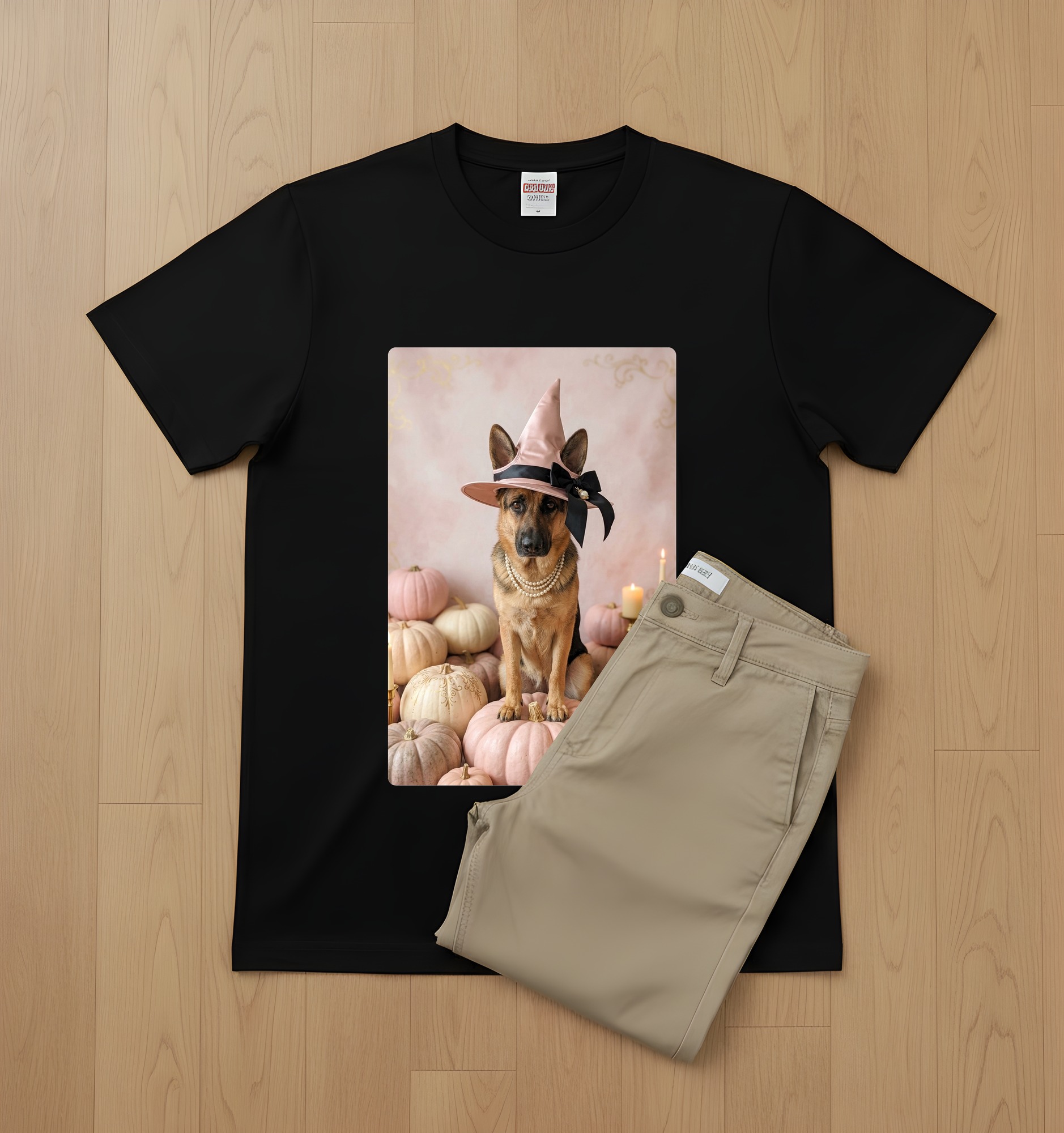 ジャーマンシェパードのかぼちゃとキャンドルの油絵風アートハロウィンTシャツ(ブラック)(2枚目)