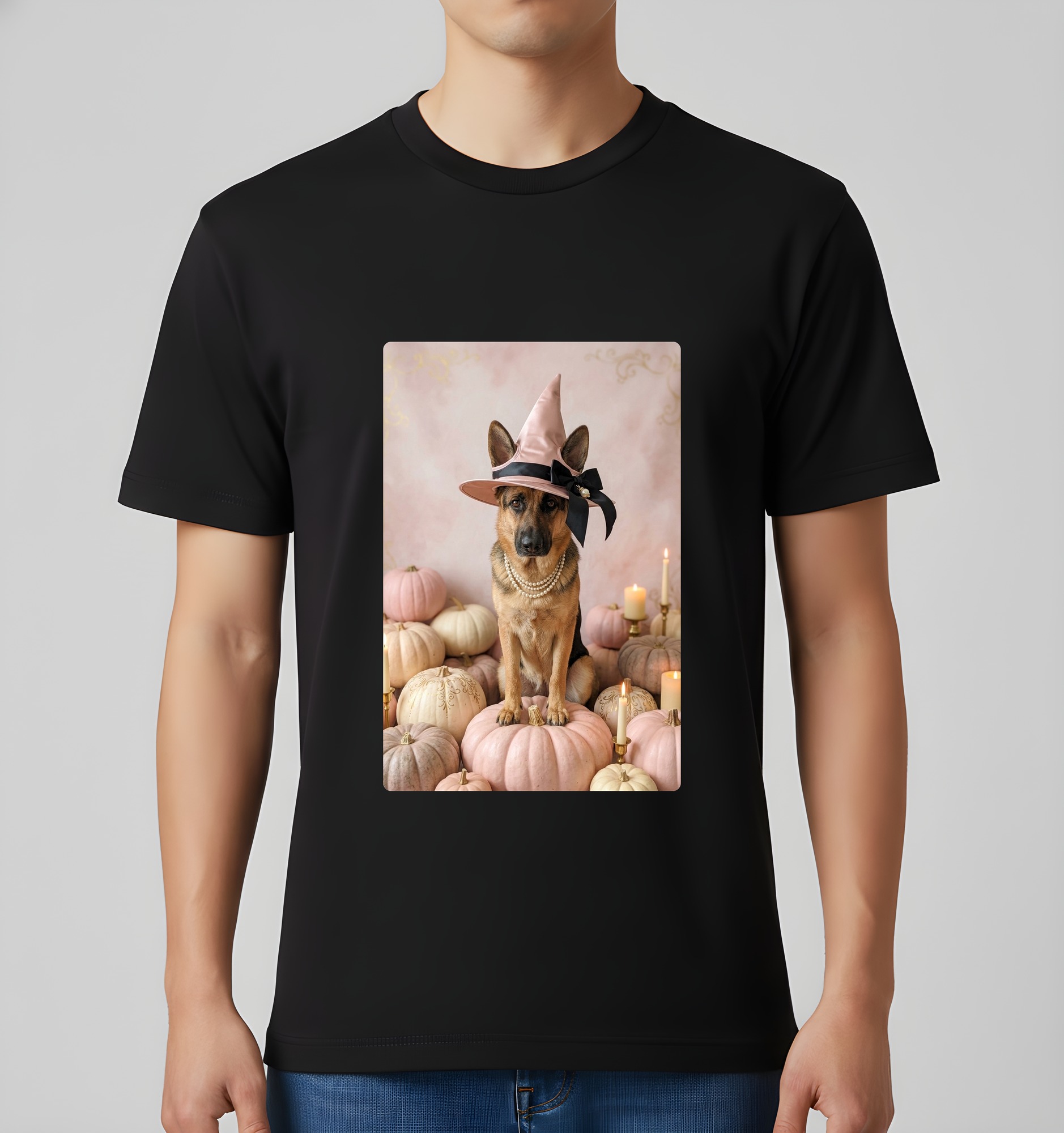 ジャーマンシェパードのかぼちゃとキャンドルの油絵風アートハロウィンTシャツ(ブラック)(3枚目)
