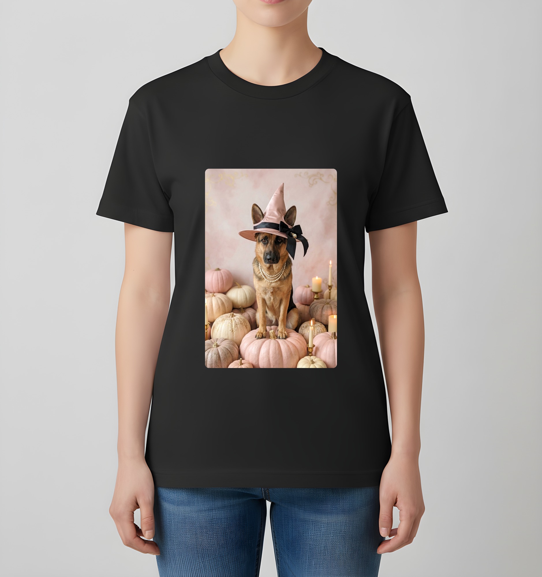 ジャーマンシェパードのかぼちゃとキャンドルの油絵風アートハロウィンTシャツ(ブラック)(4枚目)