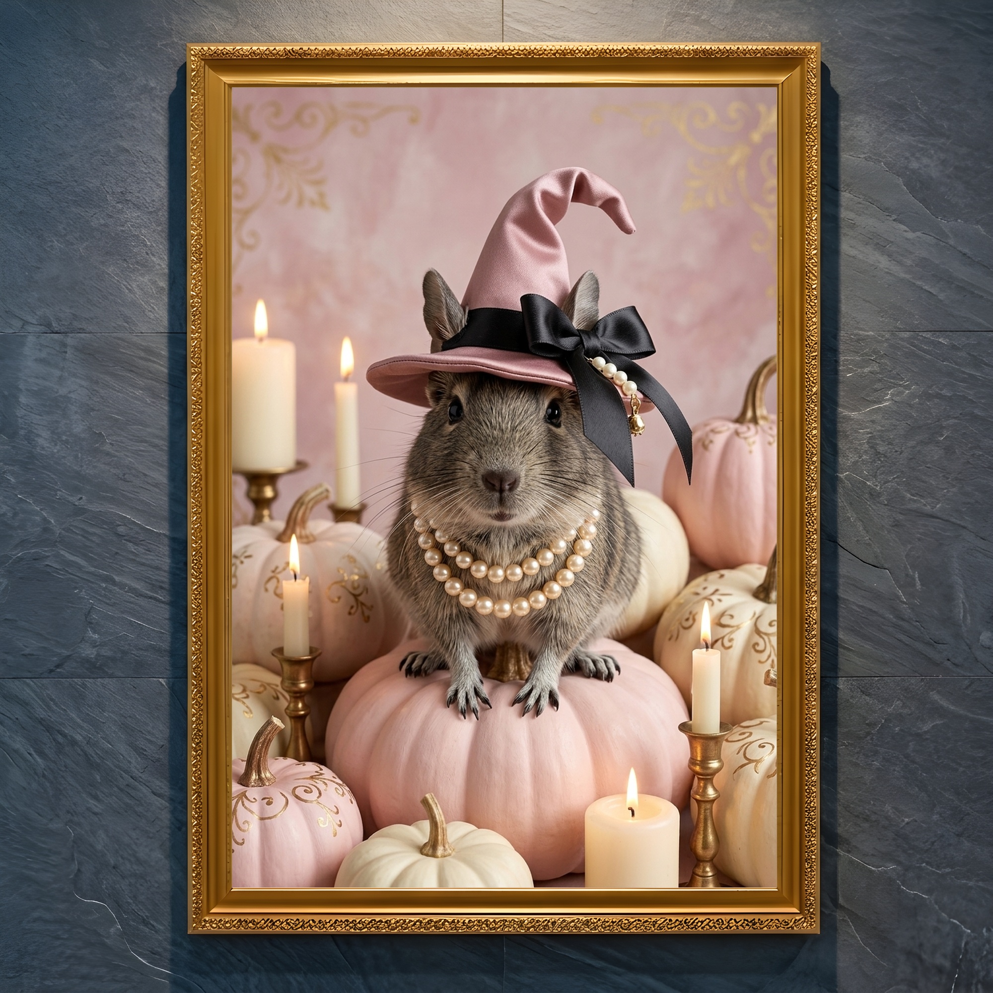 デグーのかぼちゃとキャンドルの油絵風アートハロウィン額装プリント(A4金縁)