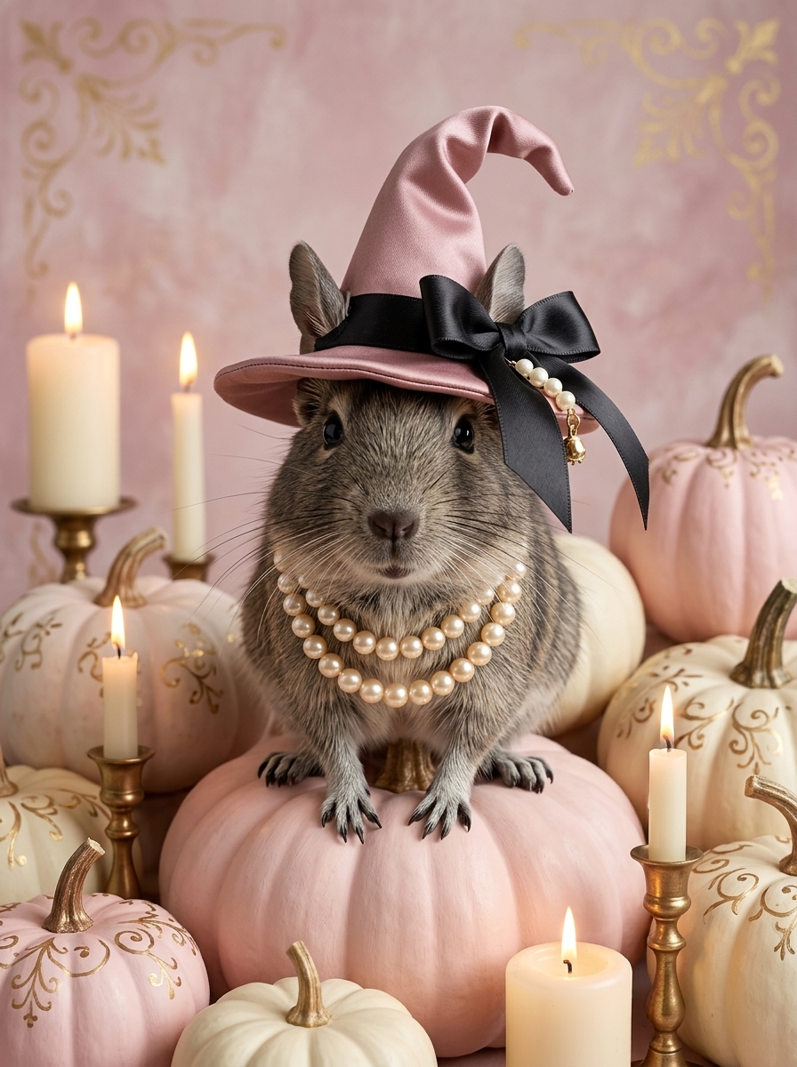 デグーのかぼちゃとキャンドルの油絵風アートハロウィン額装プリント(A4金縁)(4枚目)