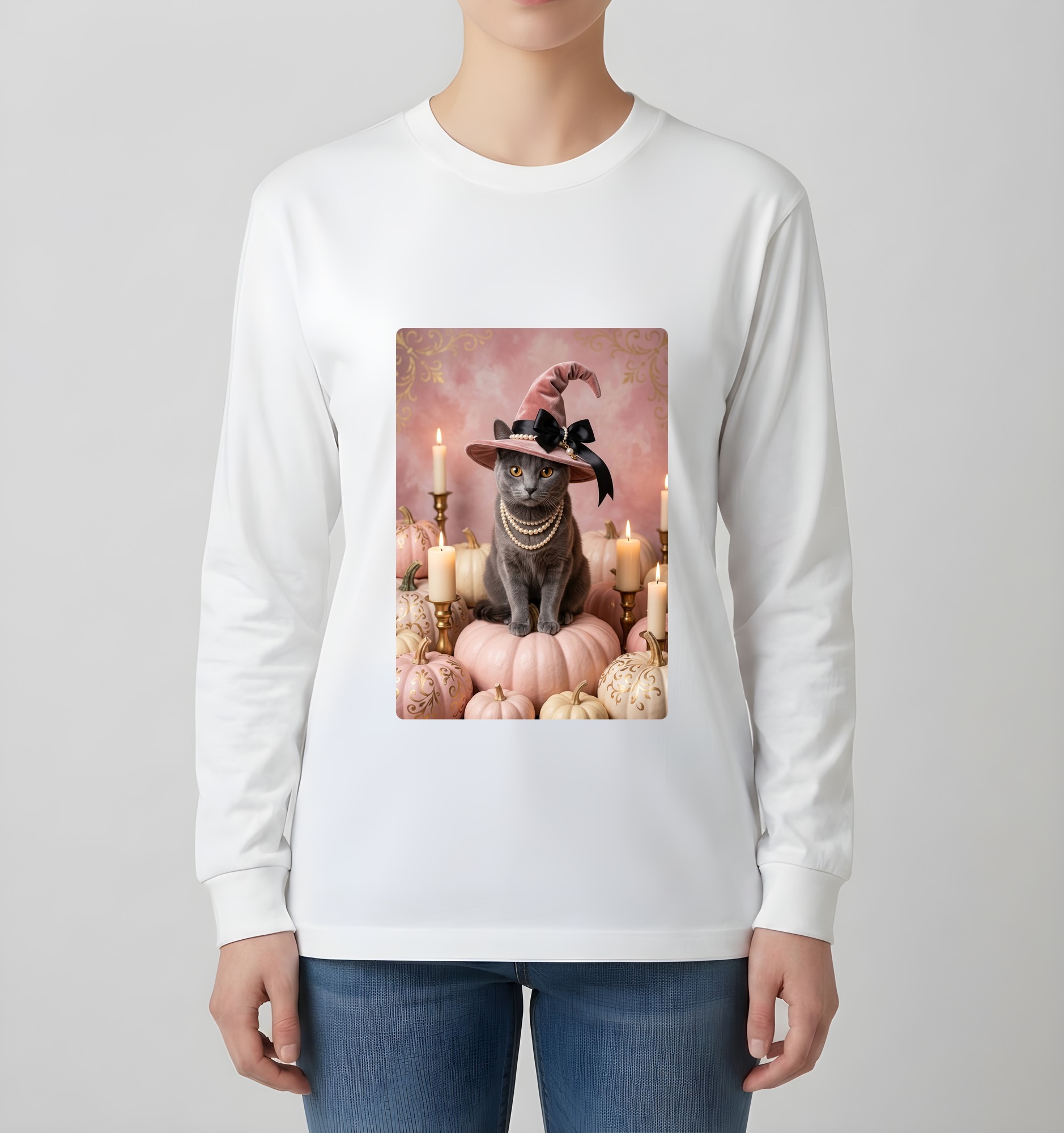 シャルトリューのかぼちゃとキャンドルの油絵風アートハロウィン長袖Tシャツ(ホワイト)(4枚目)