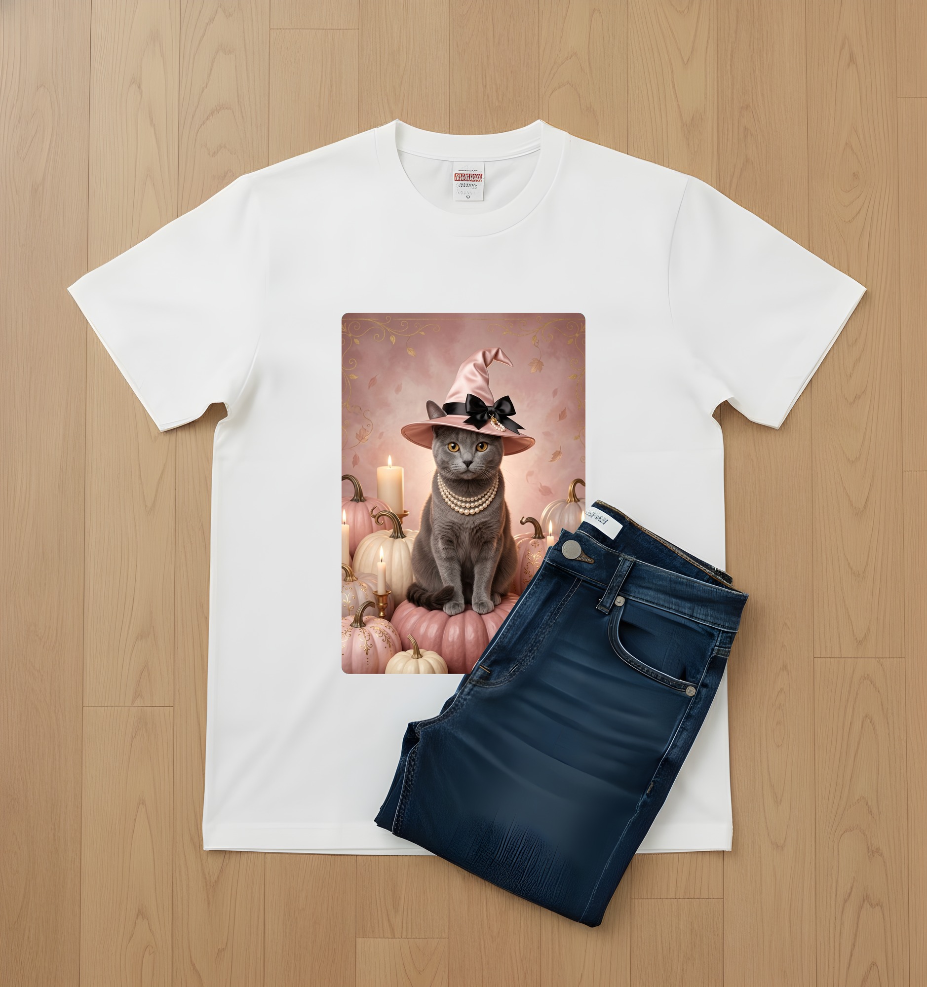 シャルトリューのかぼちゃとキャンドルの油絵風アートハロウィンTシャツ(ホワイト)(2枚目)