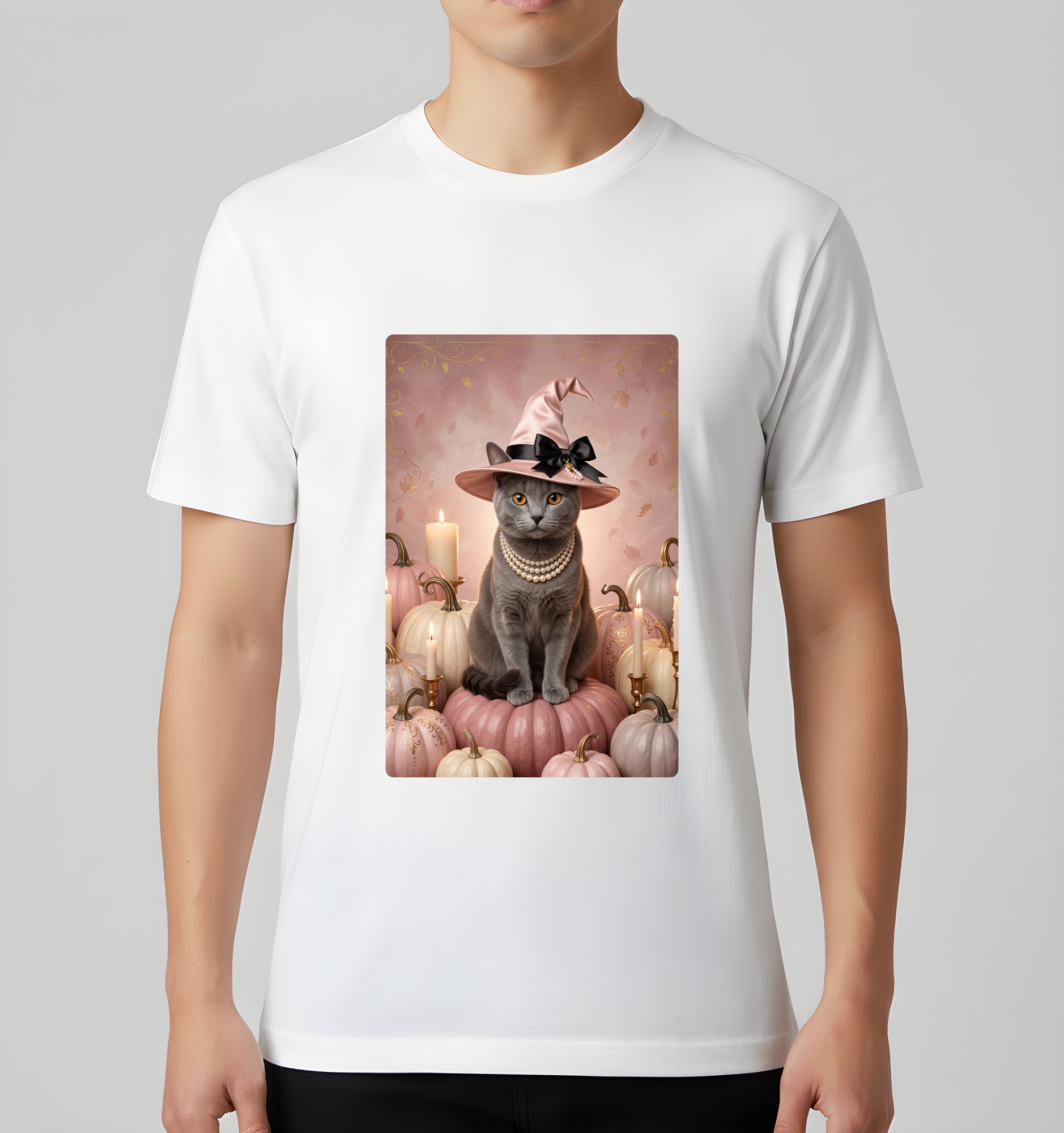 シャルトリューのかぼちゃとキャンドルの油絵風アートハロウィンTシャツ(ホワイト)(3枚目)