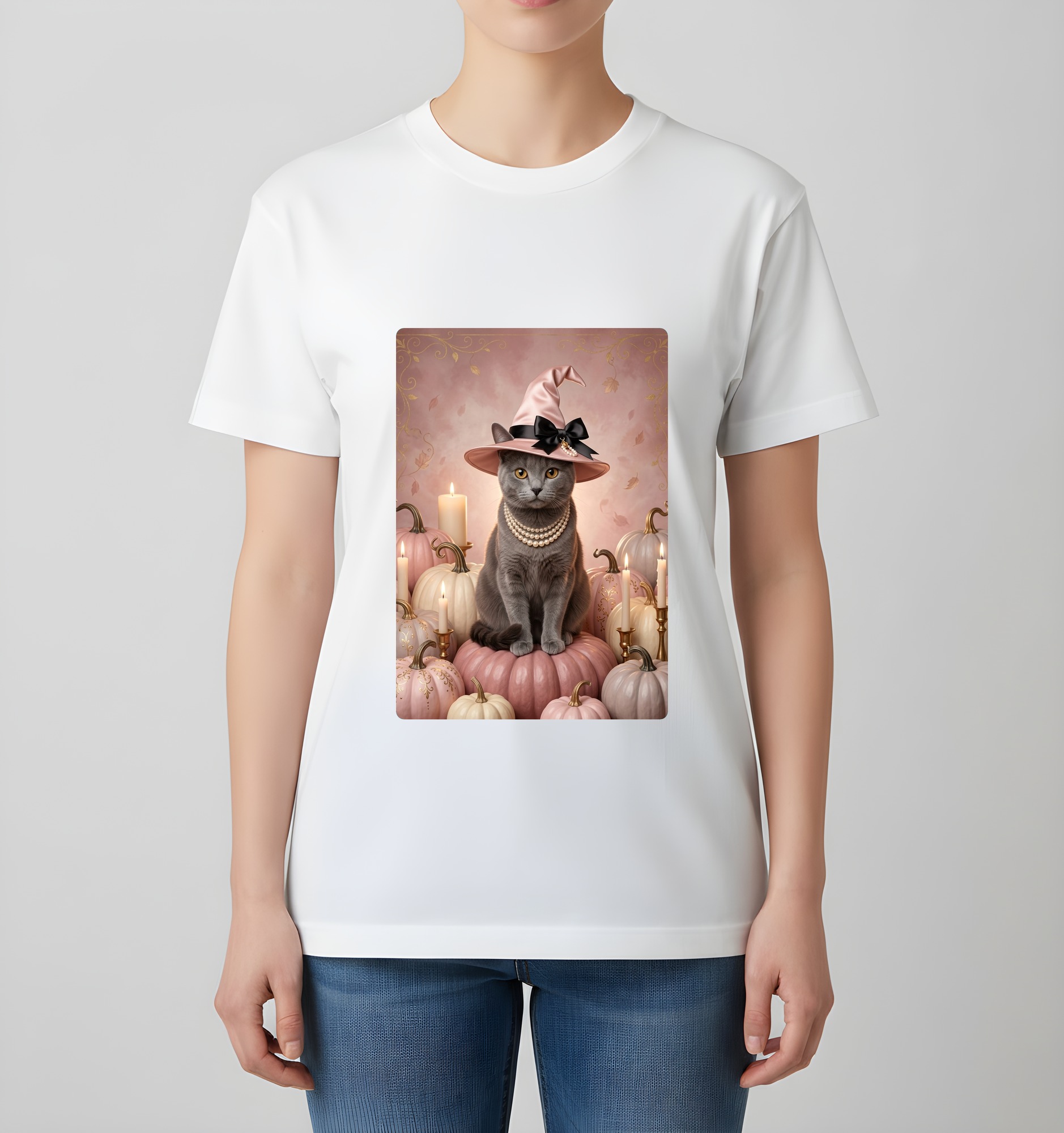 シャルトリューのかぼちゃとキャンドルの油絵風アートハロウィンTシャツ(ホワイト)(4枚目)