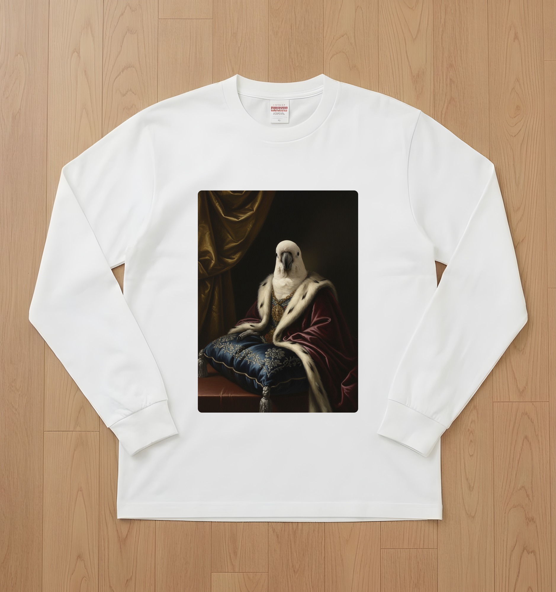 キバタンのルネサンス肖像画長袖Tシャツ(ホワイト)
