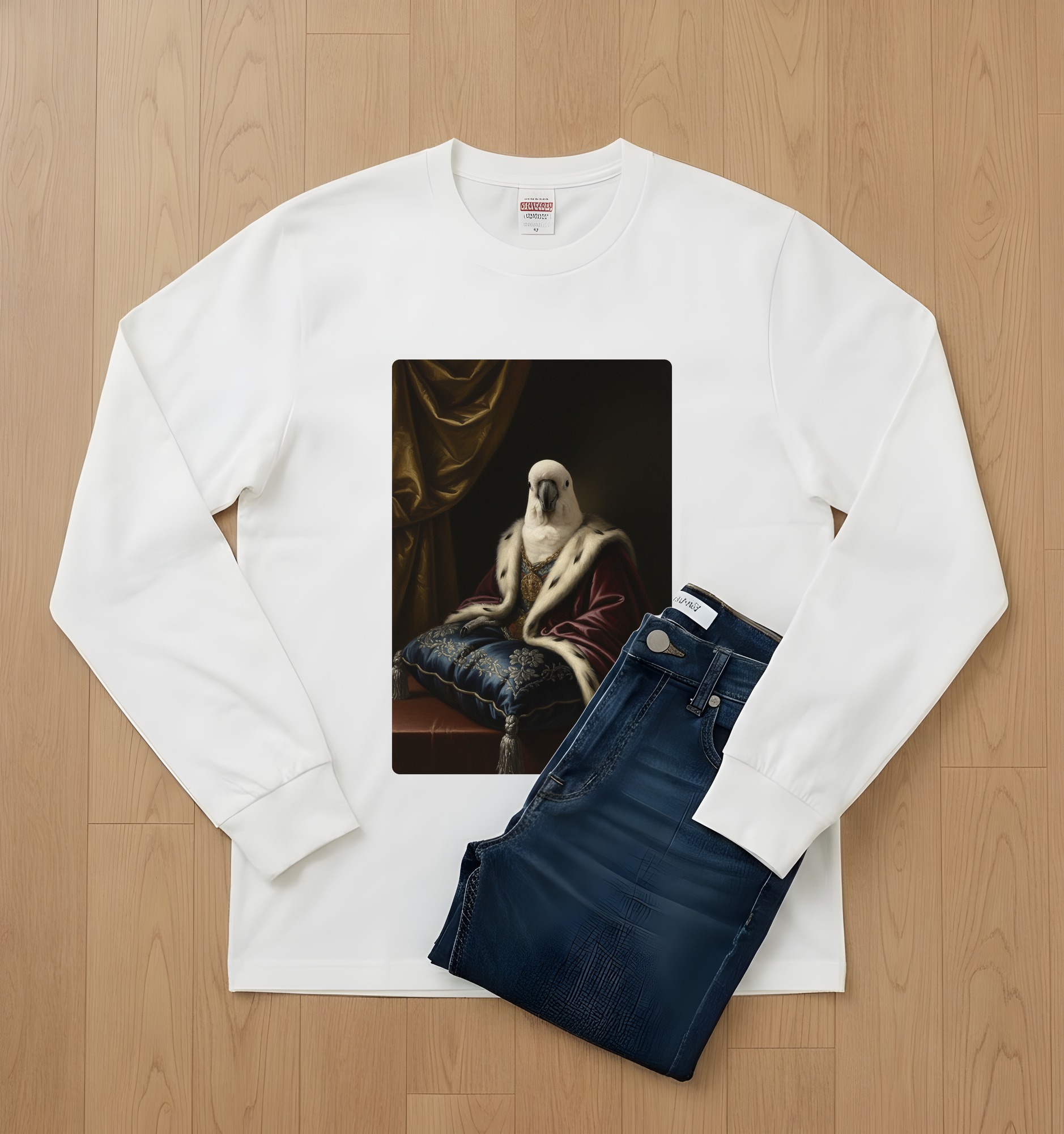 キバタンのルネサンス肖像画長袖Tシャツ(ホワイト)(2枚目)
