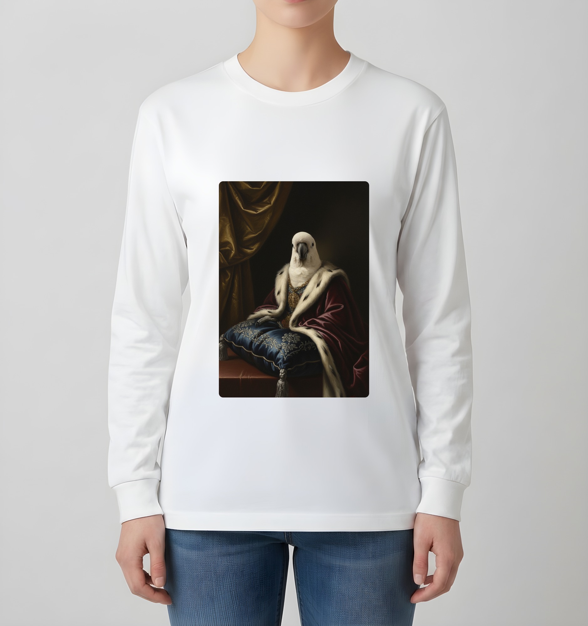 キバタンのルネサンス肖像画長袖Tシャツ(ホワイト)(4枚目)