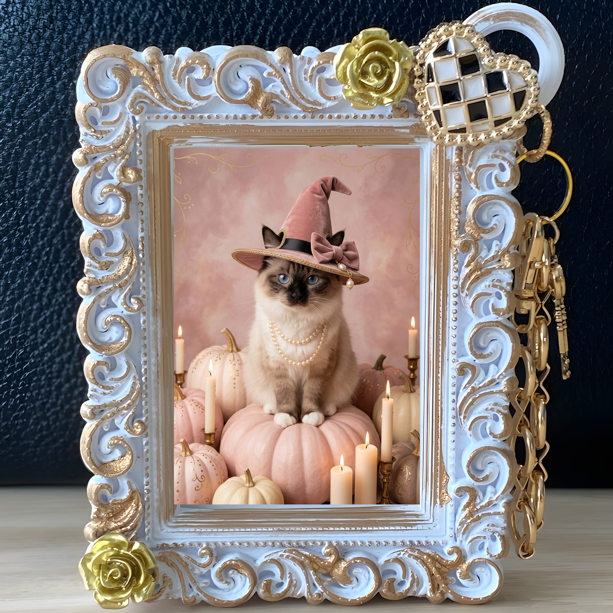 バーマンのかぼちゃとキャンドルの油絵風アートハロウィンバッグチャーム(ホワイト)(2枚目)