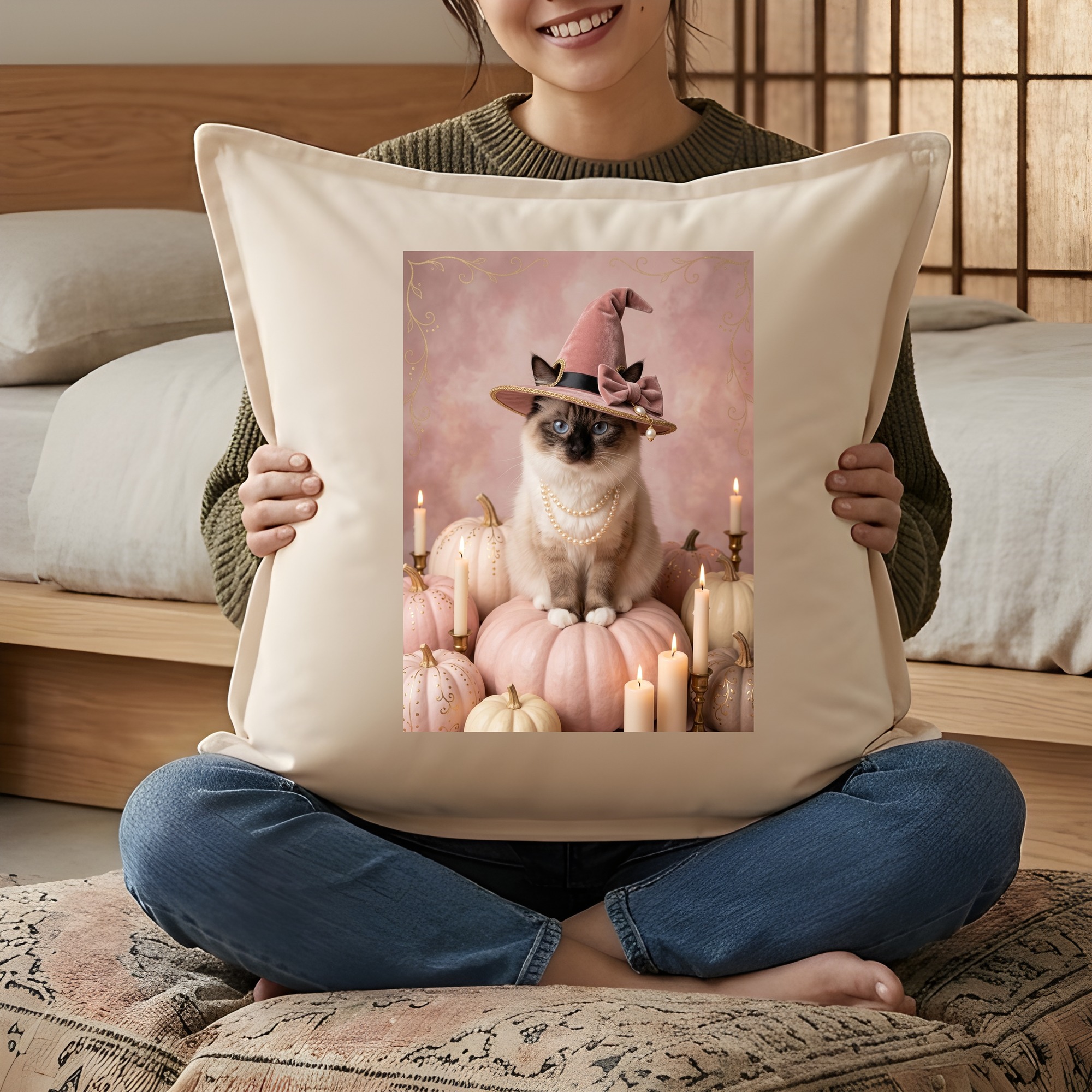 バーマンのかぼちゃとキャンドルの油絵風アートハロウィンクッション(3枚目)
