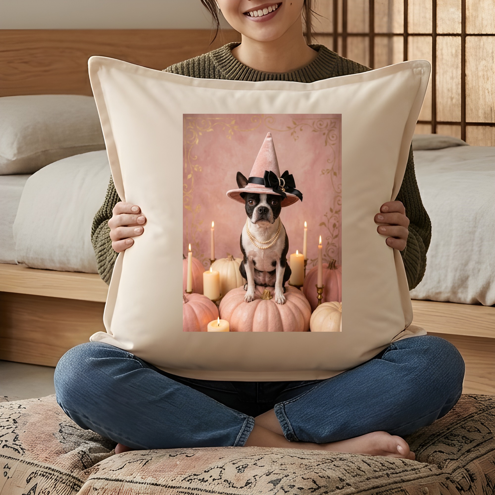 ボストンテリアのかぼちゃとキャンドルの油絵風アートハロウィンクッション(3枚目)