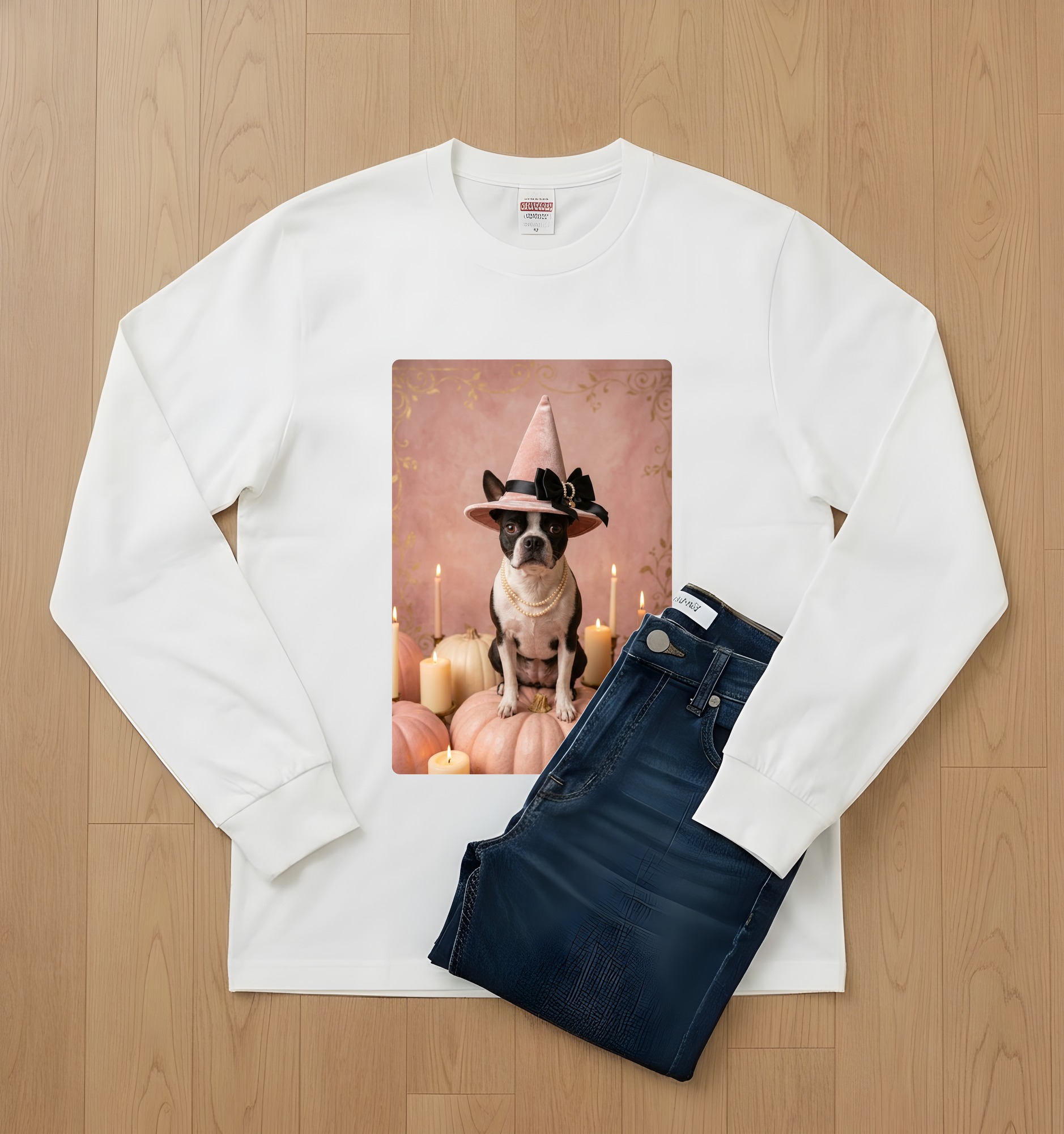 ボストンテリアのかぼちゃとキャンドルの油絵風アートハロウィン長袖Tシャツ（ホワイト）（2枚目）