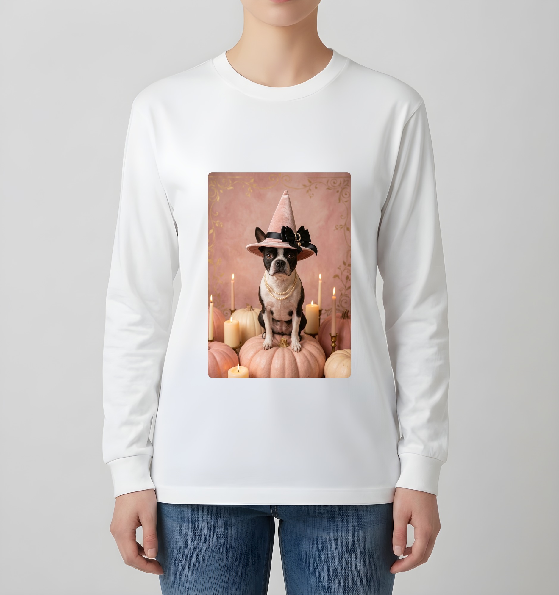 ボストンテリアのかぼちゃとキャンドルの油絵風アートハロウィン長袖Tシャツ（ホワイト）（4枚目）